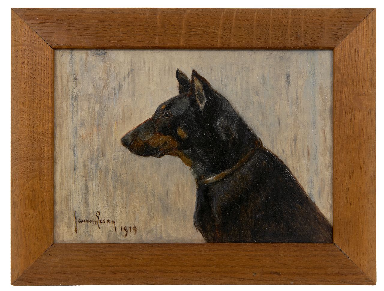 Essen J.C. van | Johannes Cornelis 'Jan' van Essen | Schilderijen te koop aangeboden | Portret van een Duitse pinscher, olieverf op doek op board 15,7 x 21,5 cm, gesigneerd linksonder en gedateerd 1919 Essen J.C. van | Johannes Cornelis 'Jan' van Essen | Schilderijen te koop aangeboden | Portret van een Duitse pinscher, olieverf op doek op board 15,7 x 21,5 cm, gesigneerd linksonder en gedateerd 1919