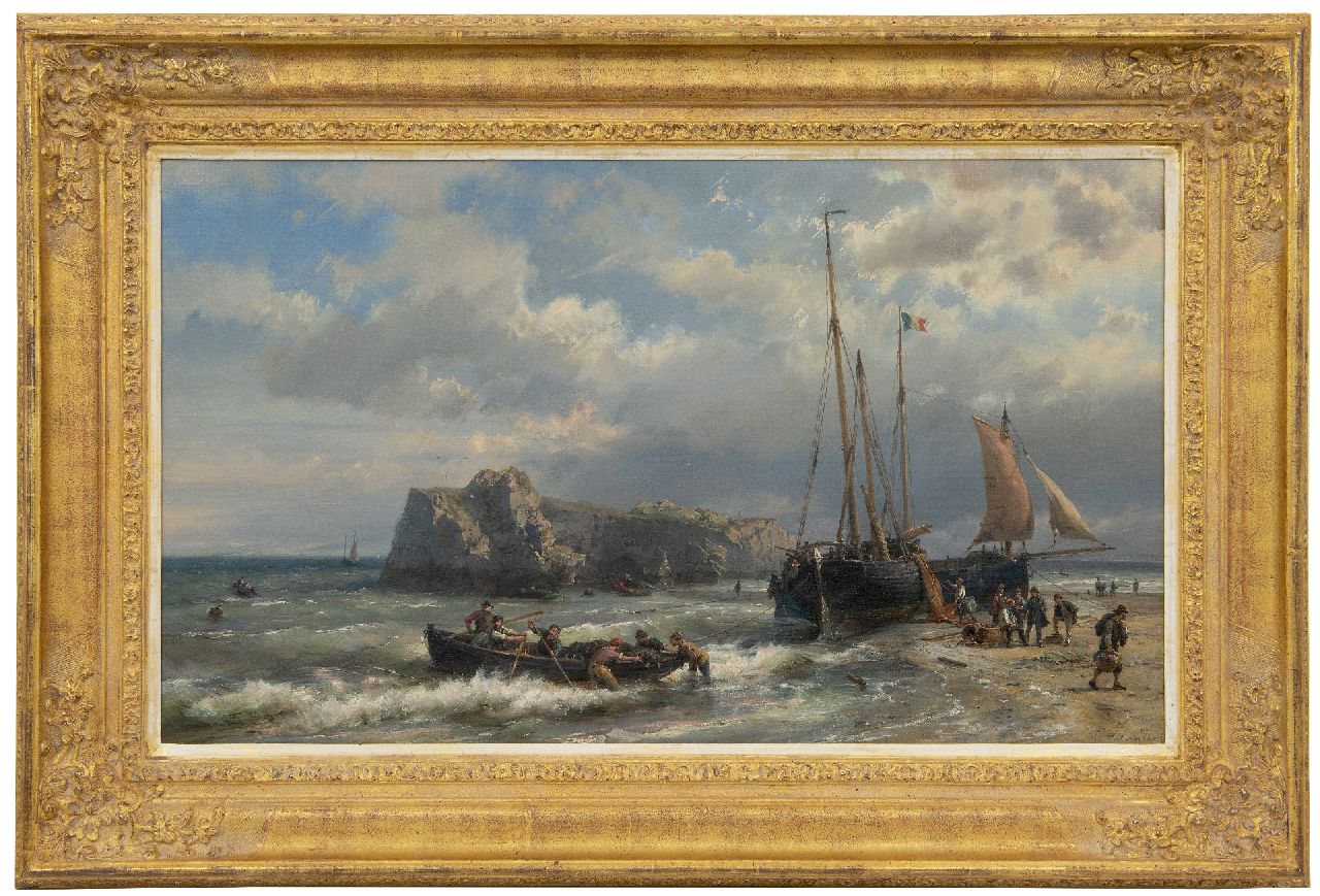 Koekkoek H. | Hermanus Koekkoek, Schepen en vissers aan de Franse kust, olieverf op doek 45,1 x 76,7 cm, gesigneerd rechtsonder en te dateren eind jaren 60 VERKOCHT Koekkoek H. | Hermanus Koekkoek, Schepen en vissers aan de Franse kust, olieverf op doek 45,1 x 76,7 cm, gesigneerd rechtsonder en te dateren eind jaren 60 VERKOCHT