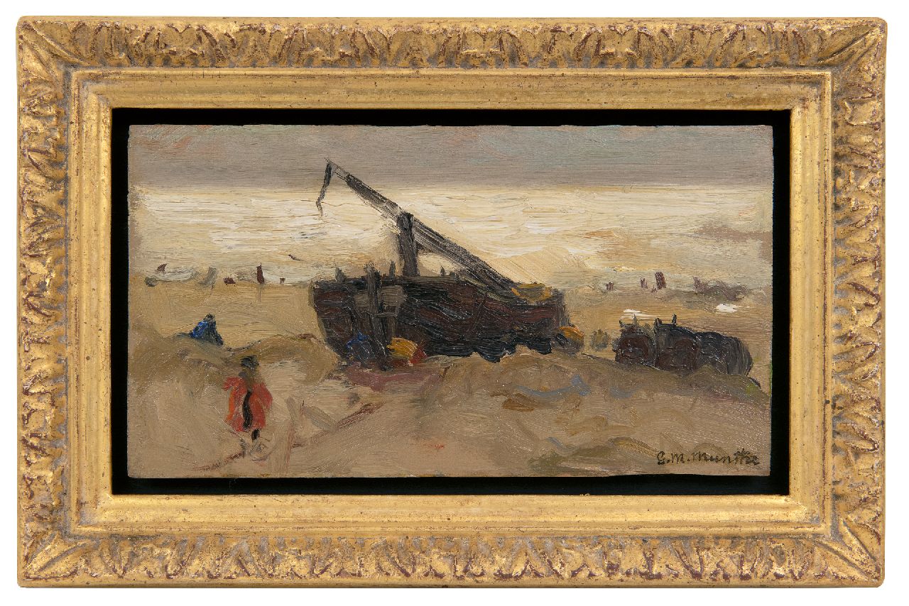 Munthe G.A.L. | Gerhard Arij Ludwig 'Morgenstjerne' Munthe | Schilderijen te koop aangeboden | Bomschuit op het strand, olieverf op paneel 12,4 x 22,4 cm, gesigneerd rechtsonder Munthe G.A.L. | Gerhard Arij Ludwig 'Morgenstjerne' Munthe | Schilderijen te koop aangeboden | Bomschuit op het strand, olieverf op paneel 12,4 x 22,4 cm, gesigneerd rechtsonder