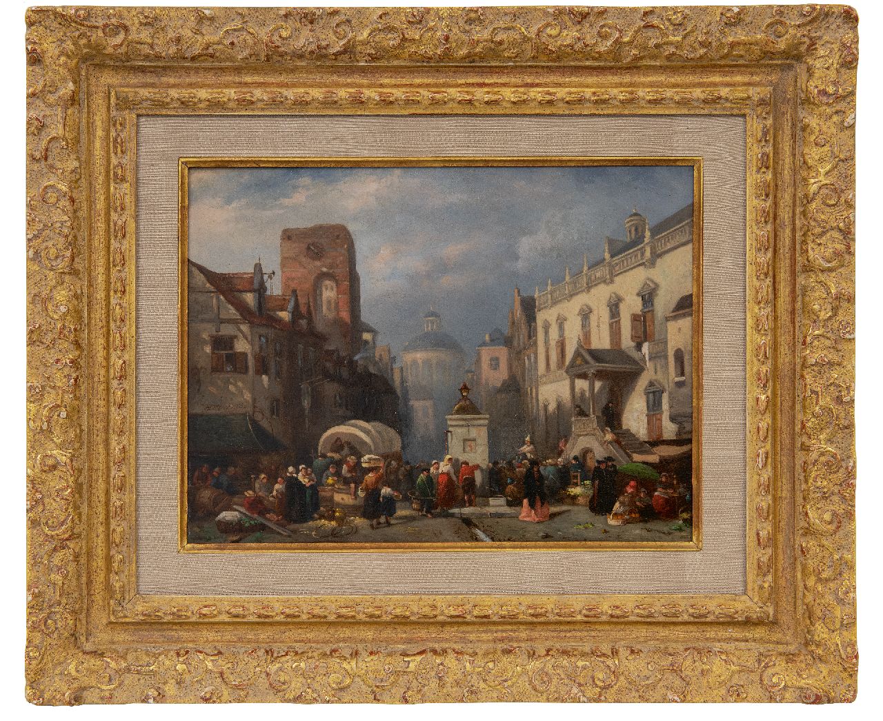 Heun W.M. van | Willem Maxiliaan van Heun, Een drukke dag op de markt, olieverf op paneel 20,6 x 27,8 cm, gesigneerd links van het midden en gedateerd 1860, zonder lijst Heun W.M. van | Willem Maxiliaan van Heun, Een drukke dag op de markt, olieverf op paneel 20,6 x 27,8 cm, gesigneerd links van het midden en gedateerd 1860, zonder lijst