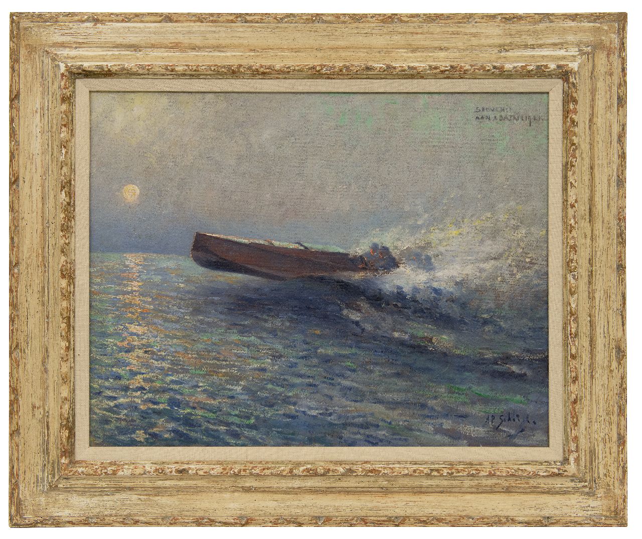 Schotel A.P. | Anthonie Pieter Schotel, Speedboot op zee bij zonsondergang, olieverf op doek 43,6 x 57,3 cm, gesigneerd rechtsonder Schotel A.P. | Anthonie Pieter Schotel, Speedboot op zee bij zonsondergang, olieverf op doek 43,6 x 57,3 cm, gesigneerd rechtsonder