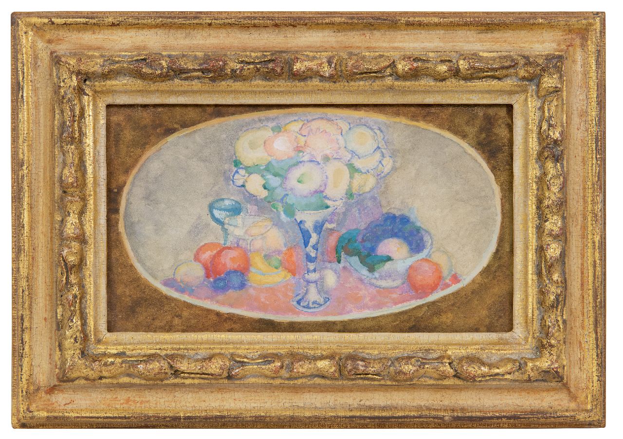 Gestel L.  | Leendert 'Leo' Gestel | Aquarellen en tekeningen te koop aangeboden | Medaillon met bloemstilleven  (alleen tezamen met pendant), aquarel op papier 13,0 x 22,9 cm
