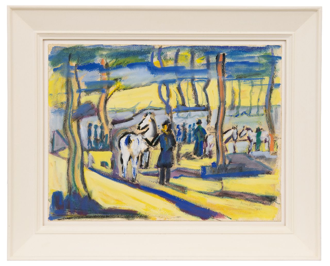 Arkema K.F. | 'Karel' Frederik Arkema | Aquarellen en tekeningen te koop aangeboden | Figuren en paarden in gekleurd landschap, gouache op papier 37,5 x 49,7 cm, gesigneerd rechtsonder en gedateerd 1955 Arkema K.F. | 'Karel' Frederik Arkema | Aquarellen en tekeningen te koop aangeboden | Figuren en paarden in gekleurd landschap, gouache op papier 37,5 x 49,7 cm, gesigneerd rechtsonder en gedateerd 1955