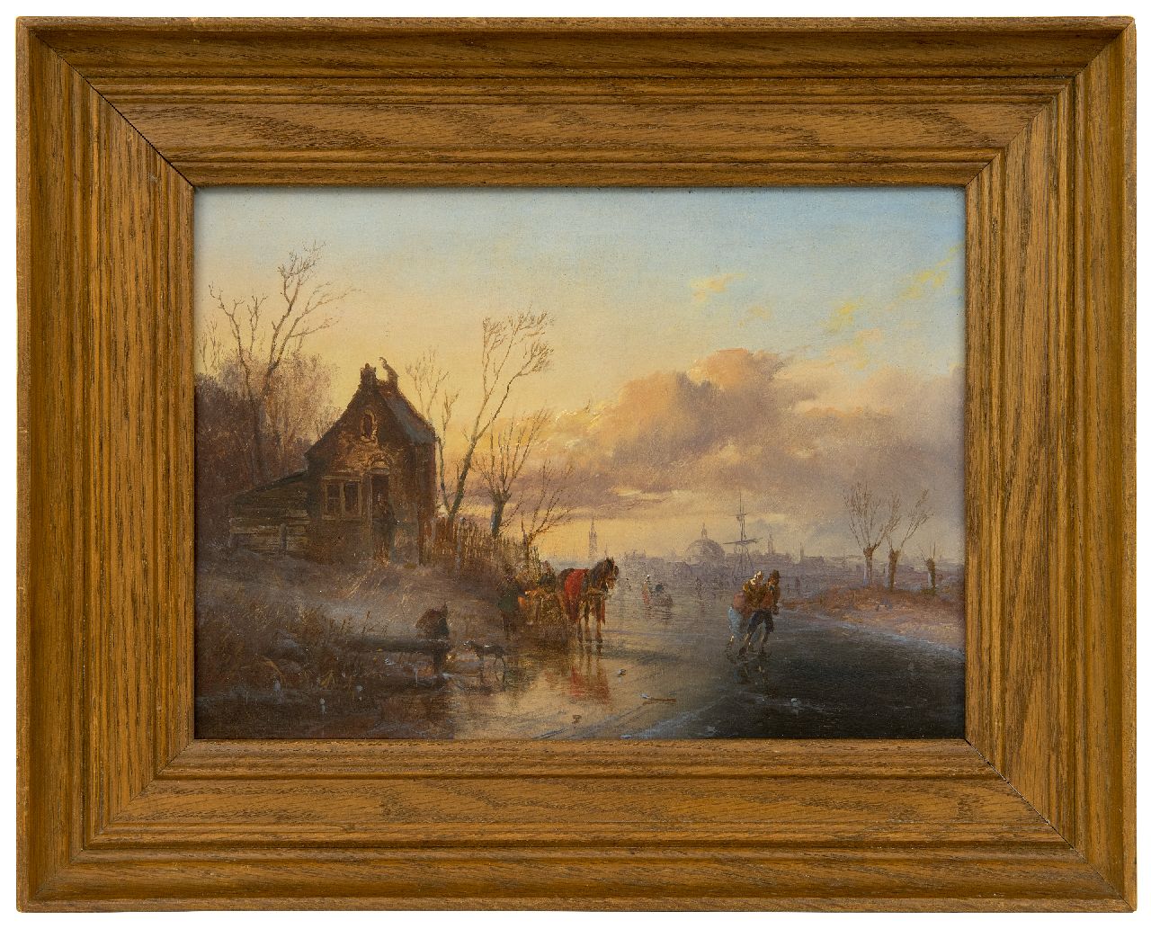 Morel II J.E.  | Jan Evert Morel II, IJsgezicht met schaatsers, een grote stad op de achtergrond, olieverf op paneel 20,2 x 28,5 cm, gesigneerd linksonder