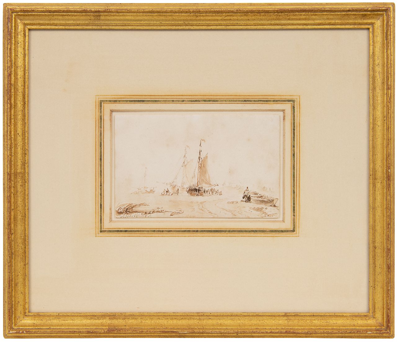 Schelfhout A. | Andreas Schelfhout, Vissers en bomschuiten op het strand, sepia op papier 9,0 x 14,0 cm, gesigneerd linksonder Schelfhout A. | Andreas Schelfhout, Vissers en bomschuiten op het strand, sepia op papier 9,0 x 14,0 cm, gesigneerd linksonder