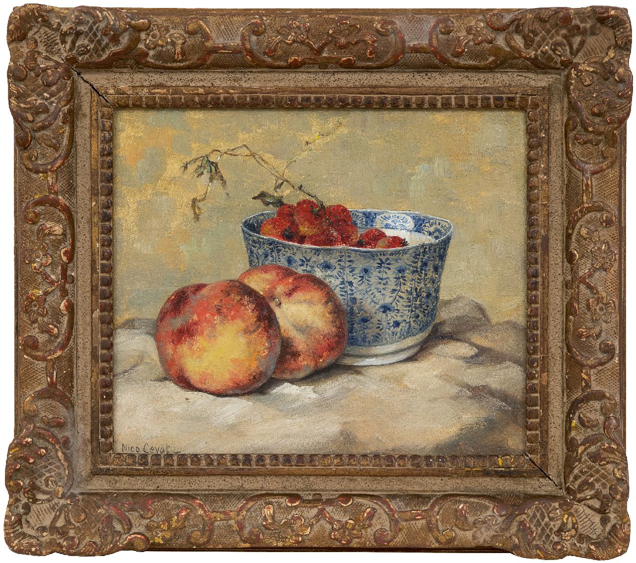 Cevat N.F.H. | Nicolas Friedrich Heinrich 'Nico' Cevat, Stilleven met perziken en aardbeien, olieverf op paneel 23,4 x 28,0 cm, gesigneerd linksonder Cevat N.F.H. | Nicolas Friedrich Heinrich 'Nico' Cevat, Stilleven met perziken en aardbeien, olieverf op paneel 23,4 x 28,0 cm, gesigneerd linksonder