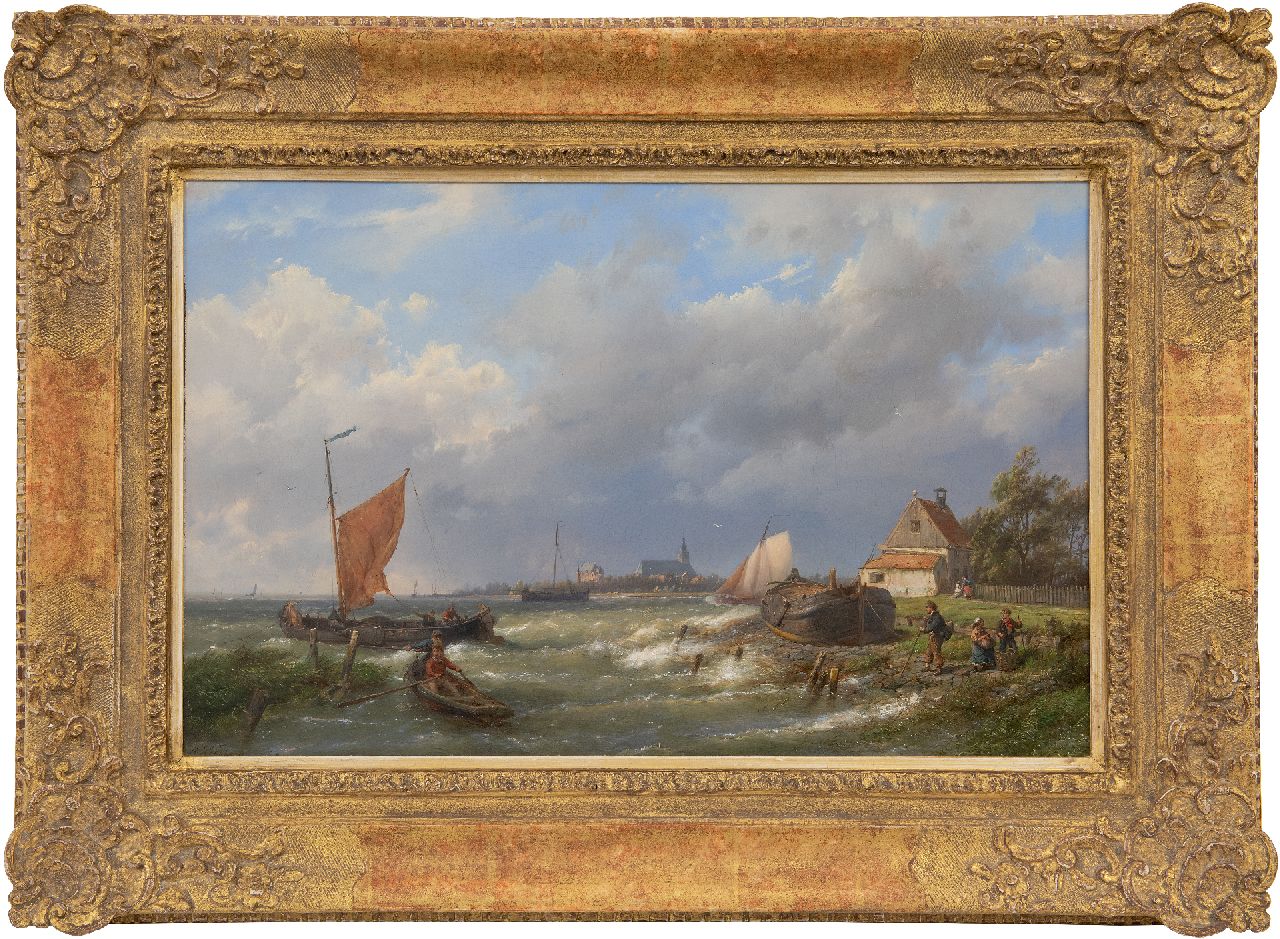 Koekkoek H. | Hermanus Koekkoek, Een stevige bries aan Hollandse kust met dorp in het verschiet, olieverf op doek 37,0 x 57,7 cm, gesigneerd linksonder Koekkoek H. | Hermanus Koekkoek, Een stevige bries aan Hollandse kust met dorp in het verschiet, olieverf op doek 37,0 x 57,7 cm, gesigneerd linksonder