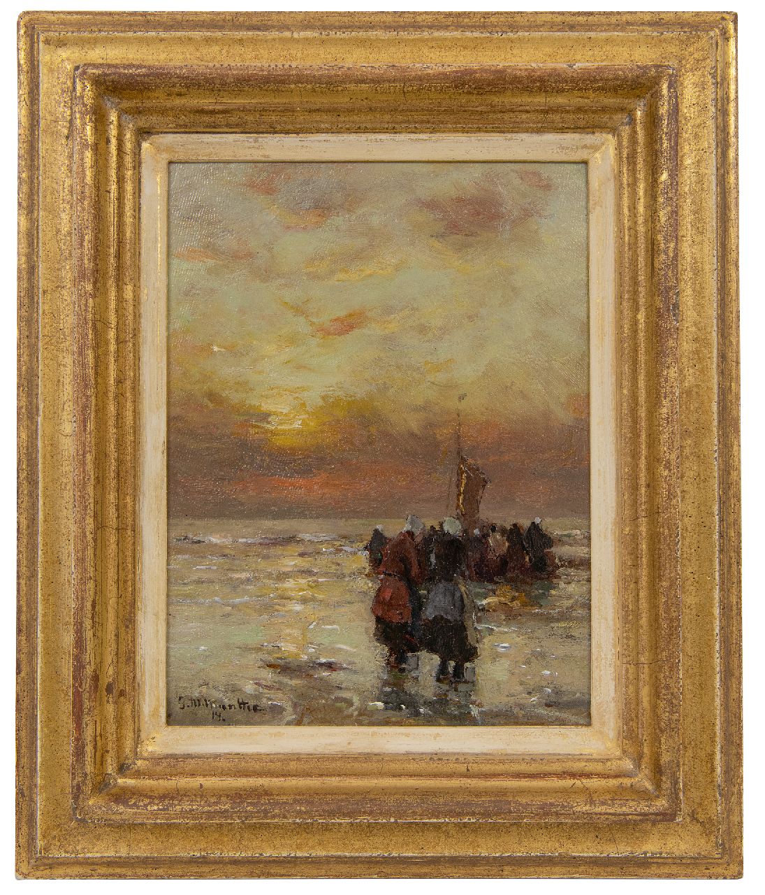 Munthe G.A.L. | Gerhard Arij Ludwig 'Morgenstjerne' Munthe, Vissersvrouwen in de branding bij zonsondergang, olieverf op paneel 21,1 x 15,9 cm, gesigneerd linksonder en gedateerd '14 Munthe G.A.L. | Gerhard Arij Ludwig 'Morgenstjerne' Munthe, Vissersvrouwen in de branding bij zonsondergang, olieverf op paneel 21,1 x 15,9 cm, gesigneerd linksonder en gedateerd '14
