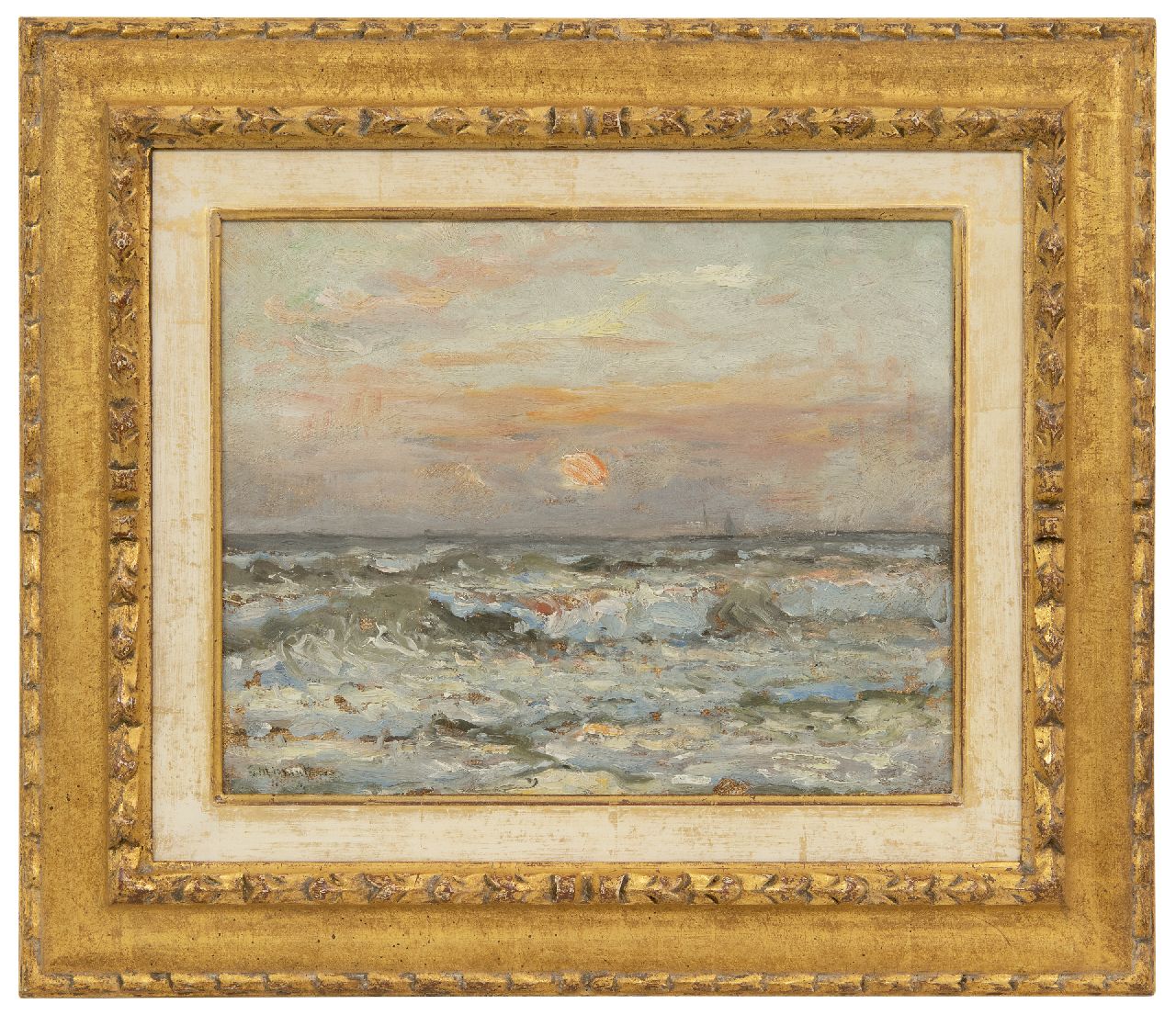 Munthe G.A.L. | Gerhard Arij Ludwig 'Morgenstjerne' Munthe, Branding bij ondergaande zon, olieverf op doek op paneel 24,4 x 30,4 cm, gesigneerd linksonder en gedateerd '14 Munthe G.A.L. | Gerhard Arij Ludwig 'Morgenstjerne' Munthe, Branding bij ondergaande zon, olieverf op doek op paneel 24,4 x 30,4 cm, gesigneerd linksonder en gedateerd '14
