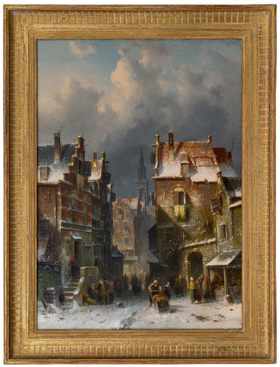 Leickert C.H.J.  | 'Charles' Henri Joseph Leickert | Schilderijen te koop aangeboden | Drukbevolkt straatje in de sneeuw, olieverf op doek 72,7 x 52,0 cm, gesigneerd rechtsonder en gedateerd '88