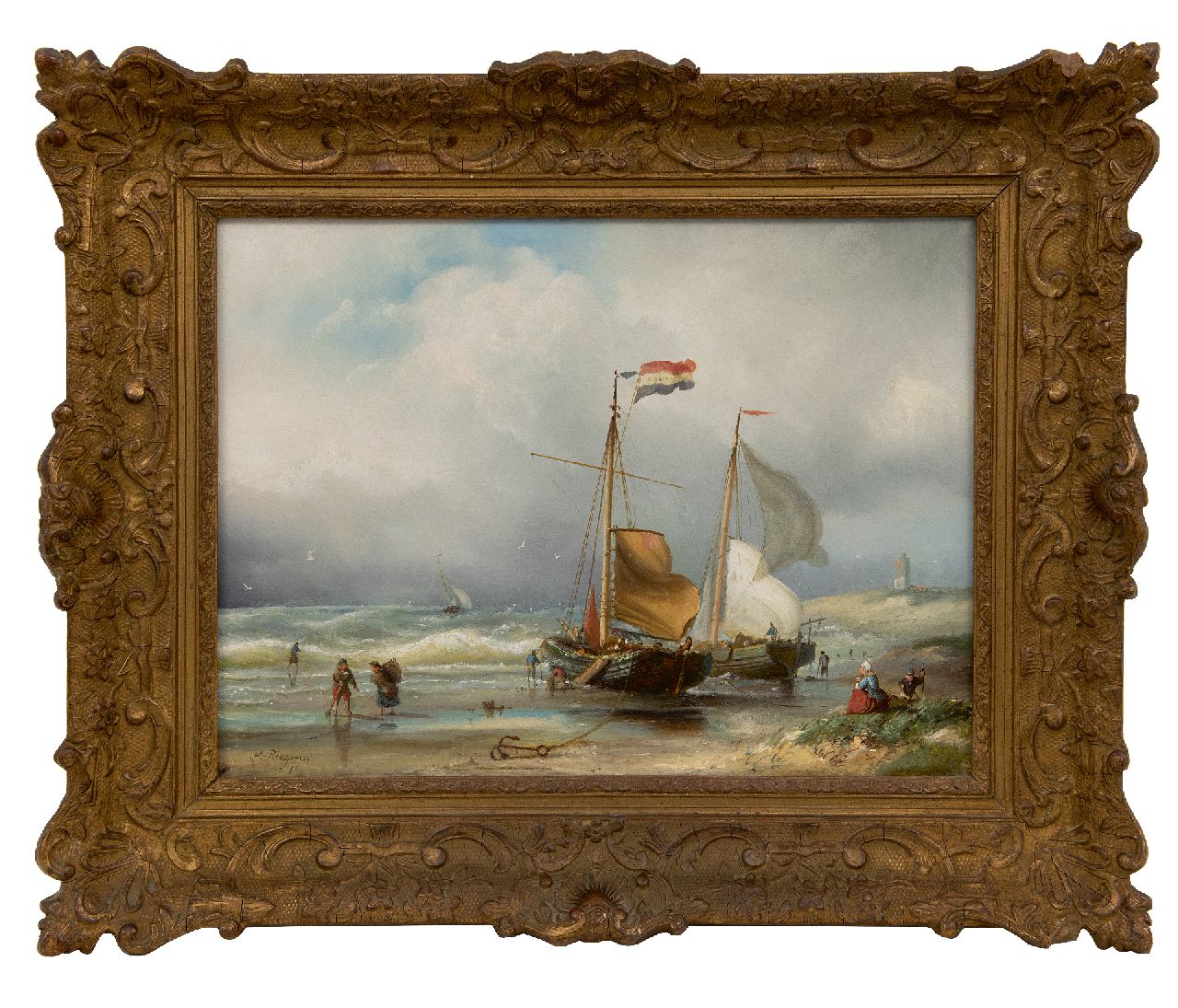 Riegen N. | Nicolaas Riegen | Schilderijen te koop aangeboden | Pinken en vissersvolk op het strand, olieverf op paneel 31,2 x 41,7 cm, gesigneerd linksonder Riegen N. | Nicolaas Riegen | Schilderijen te koop aangeboden | Pinken en vissersvolk op het strand, olieverf op paneel 31,2 x 41,7 cm, gesigneerd linksonder