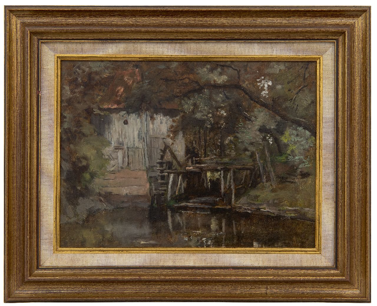 Essen J.C. van | Johannes Cornelis 'Jan' van Essen, De watermolen bij kasteel Vorden, olieverf op doek 27,3 x 36,5 cm, gesigneerd verso en verso gedateerd 1898 Essen J.C. van | Johannes Cornelis 'Jan' van Essen, De watermolen bij kasteel Vorden, olieverf op doek 27,3 x 36,5 cm, gesigneerd verso en verso gedateerd 1898