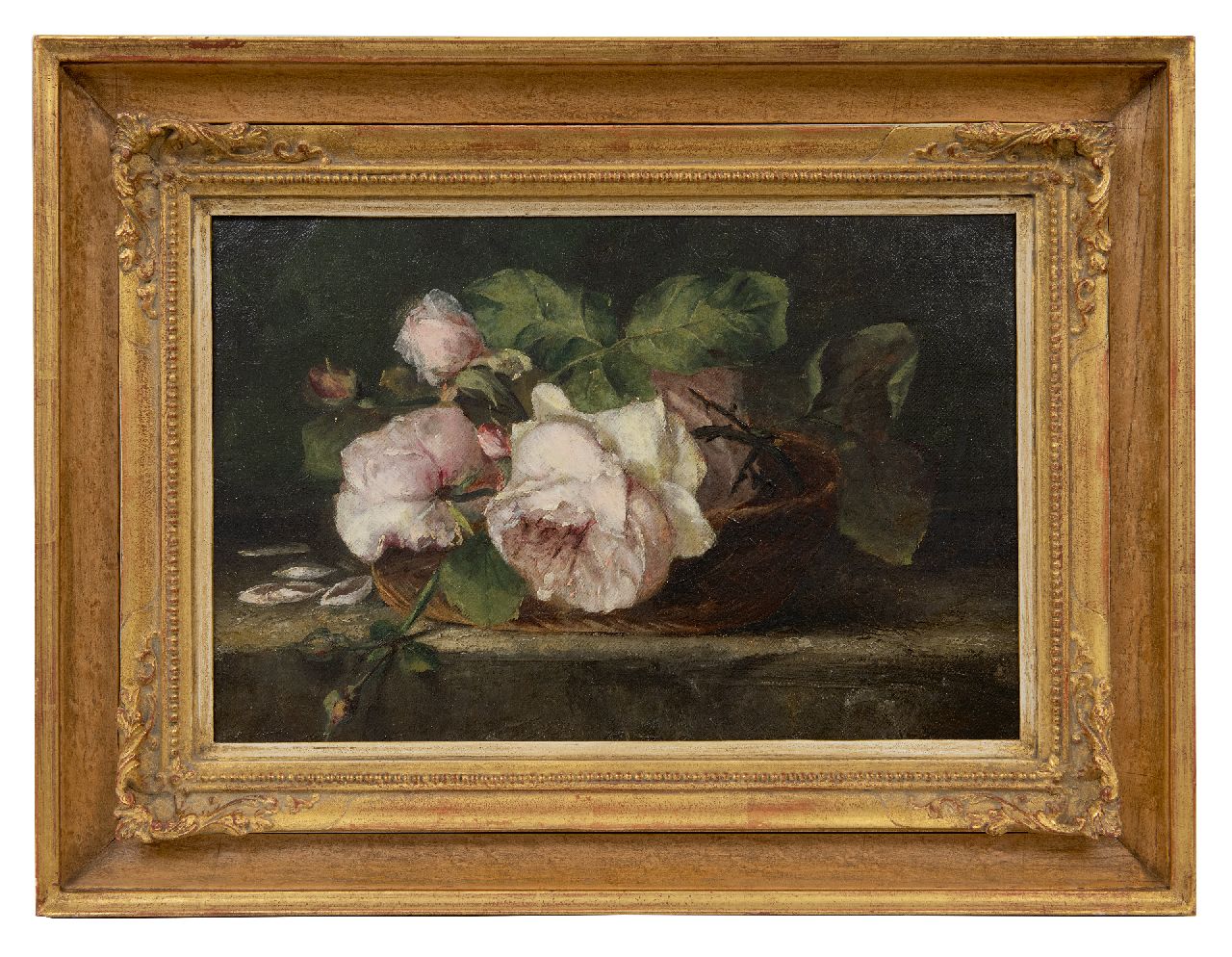 Hogendorp-'s Jacob A.J. van | Adrienne Jacqueline van Hogendorp-'s Jacob, Rozen in een mand, olieverf op doek 25,4 x 38,5 cm, gesigneerd rechtsonder en zonder lijst Hogendorp-'s Jacob A.J. van | Adrienne Jacqueline van Hogendorp-'s Jacob, Rozen in een mand, olieverf op doek 25,4 x 38,5 cm, gesigneerd rechtsonder en zonder lijst