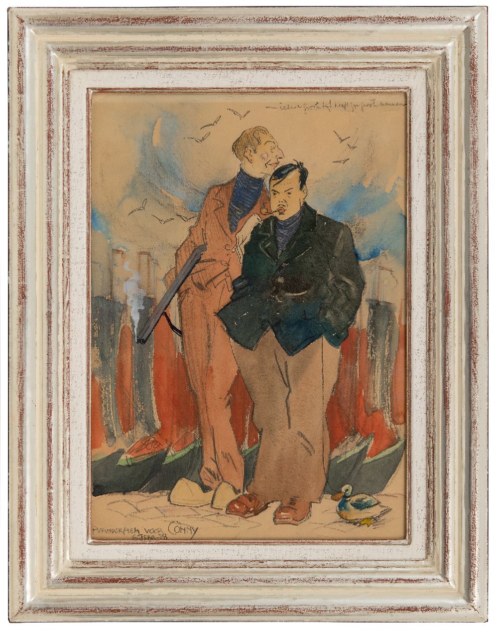 Hem P. van der | Pieter 'Piet' van der Hem | Aquarellen en tekeningen te koop aangeboden | Piet van der Hem en Wilm Wouters op '(vrouwen)jacht' in Volendam, aquarel op papier 38,0 x 27,0 cm, gesigneerd linksonder en gedateerd 6 febr. '18 Hem P. van der | Pieter 'Piet' van der Hem | Aquarellen en tekeningen te koop aangeboden | Piet van der Hem en Wilm Wouters op '(vrouwen)jacht' in Volendam, aquarel op papier 38,0 x 27,0 cm, gesigneerd linksonder en gedateerd 6 febr. '18