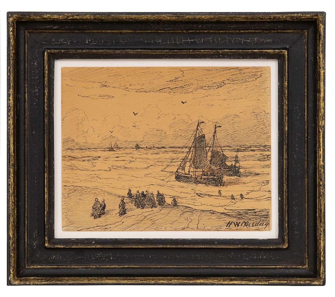 Mesdag H.W. | Hendrik Willem Mesdag, Aanmerende bomschuiten, Scheveningen, pen en inkt op papier 11,4 x 14,5 cm, gesigneerd rechtsonder en verso gedateerd 3 Nov 1894 Mesdag H.W. | Hendrik Willem Mesdag, Aanmerende bomschuiten, Scheveningen, pen en inkt op papier 11,4 x 14,5 cm, gesigneerd rechtsonder en verso gedateerd 3 Nov 1894