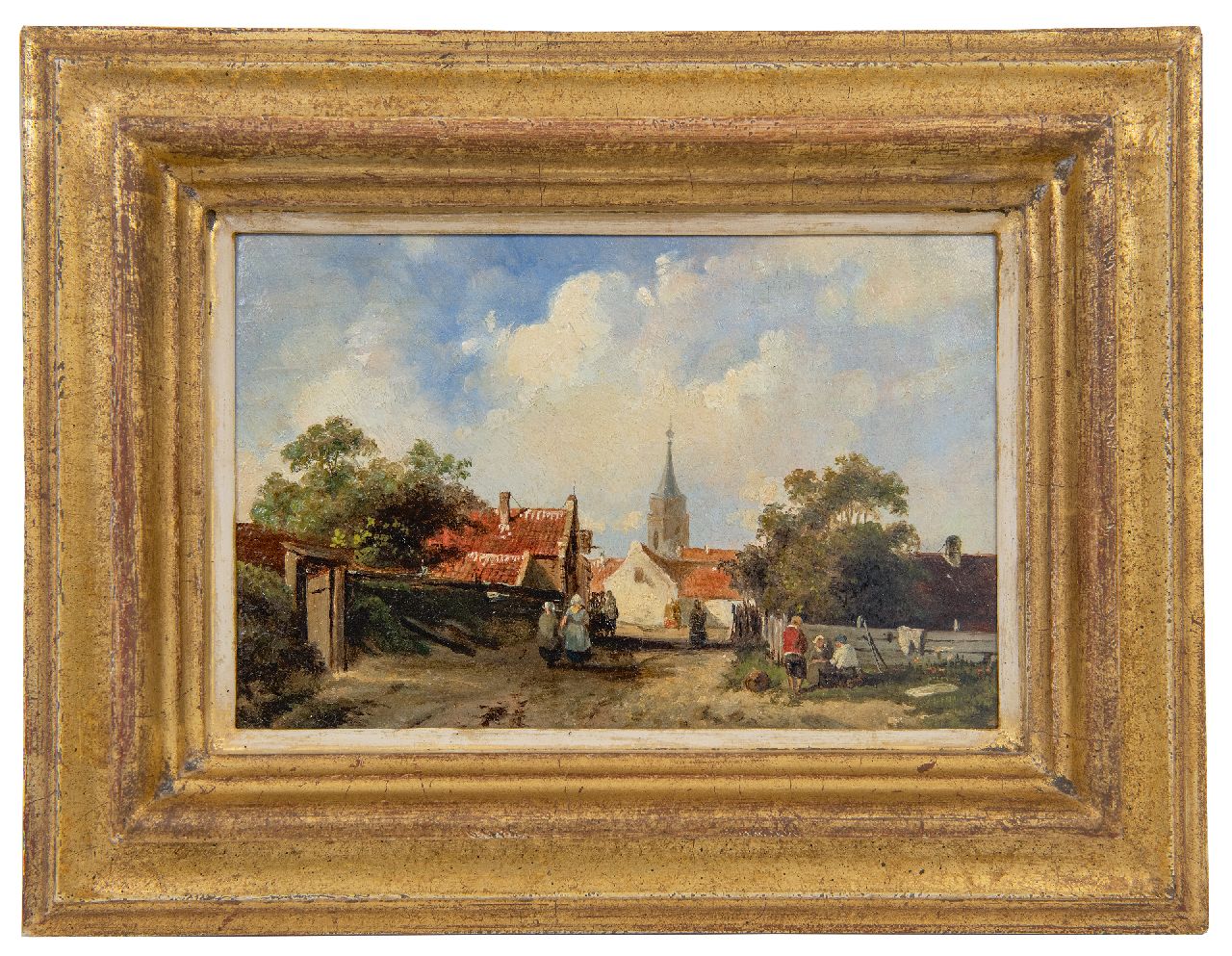 Leickert C.H.J.  | 'Charles' Henri Joseph Leickert | Schilderijen te koop aangeboden | Gezicht in een Hollands dorpje, olieverf op paneel 12,8 x 18,9 cm, gesigneerd rechtsonder met initialen en te dateren ca. 1855