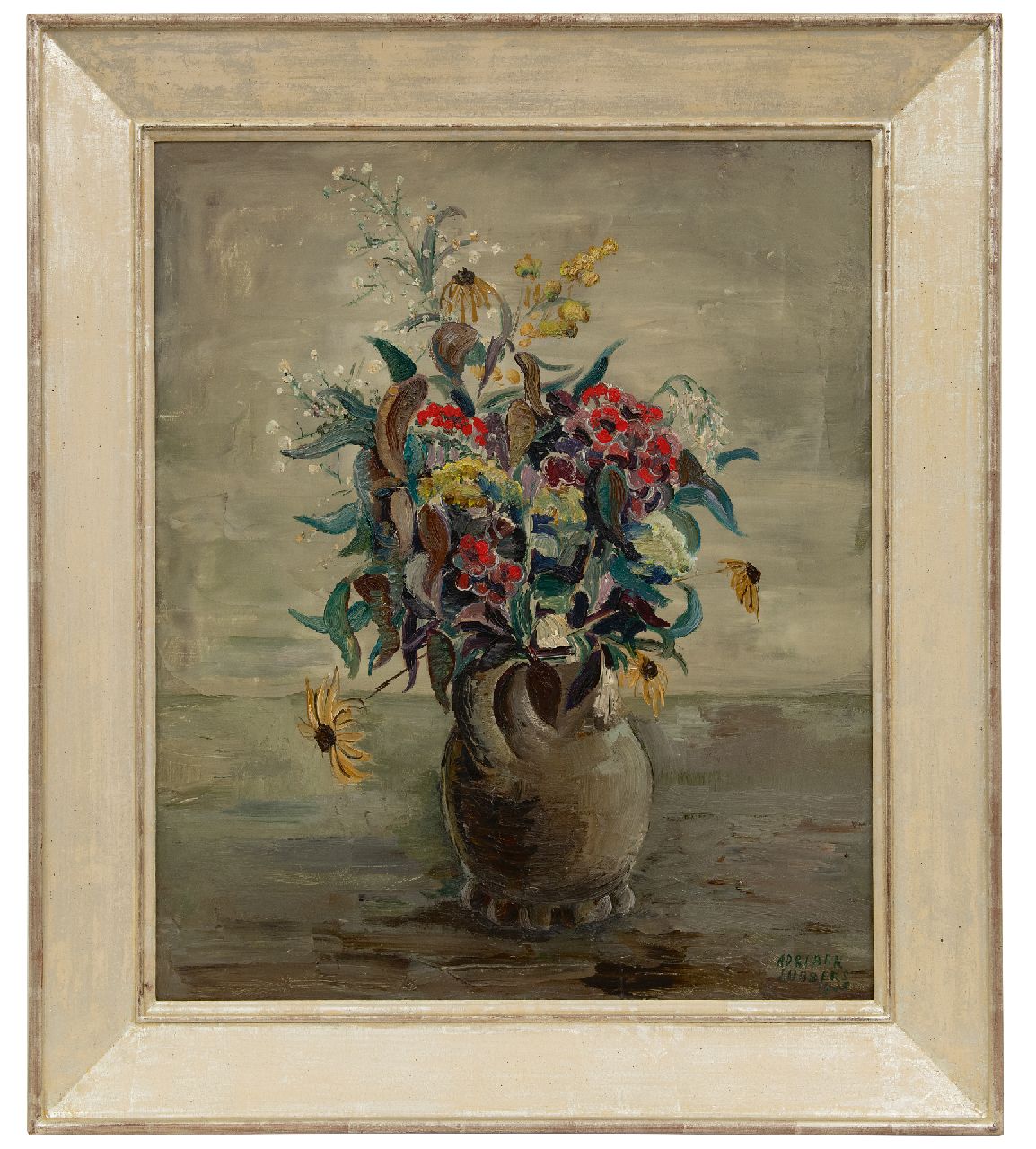 Lubbers A. | Adriaan Lubbers, Bloemstilleven in aardewerken vaas, olieverf op doek 60,0 x 50,3 cm, gesigneerd rechtsonder en gedateerd 1946 Lubbers A. | Adriaan Lubbers, Bloemstilleven in aardewerken vaas, olieverf op doek 60,0 x 50,3 cm, gesigneerd rechtsonder en gedateerd 1946