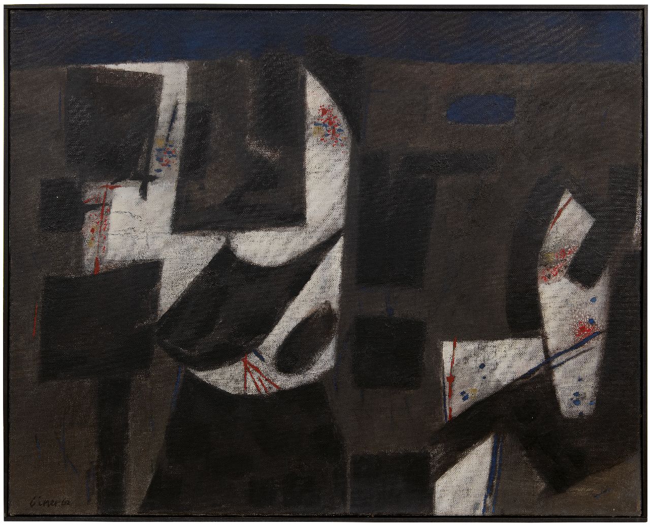 Bitter T.  | Theodorus 'Theo' Bitter | Schilderijen te koop aangeboden | Compositie op zwart, olieverf op doek 80,3 x 100,3 cm, gesigneerd linksonder en verso en gedateerd '62