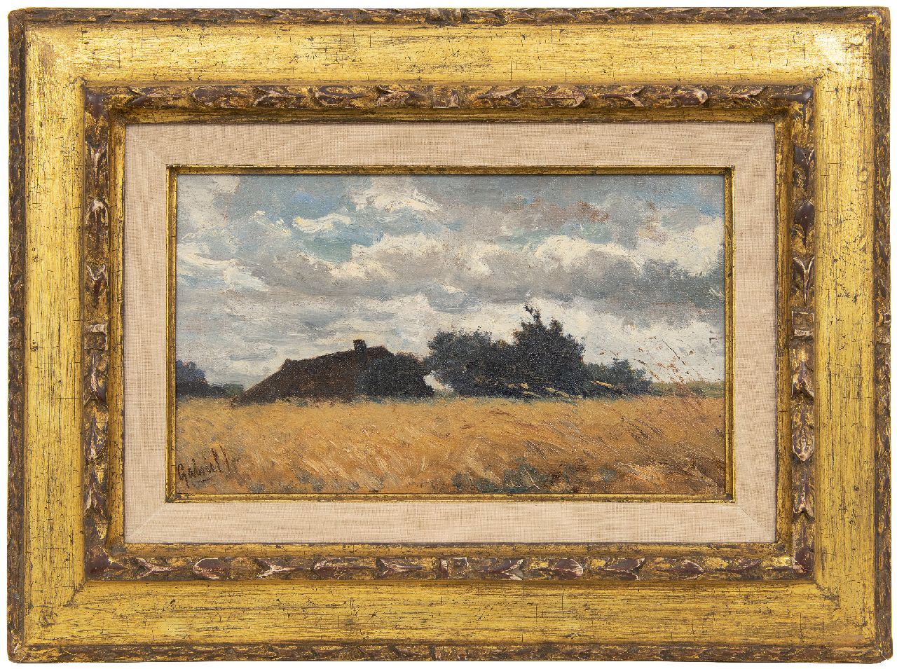 Gabriel P.J.C. | Paul Joseph Constantin 'Constan(t)' Gabriel, Boerderij verscholen achter een korenveld, olieverf op doek op paneel 19,8 x 33,6 cm, gesigneerd linksonder Gabriel P.J.C. | Paul Joseph Constantin 'Constan(t)' Gabriel, Boerderij verscholen achter een korenveld, olieverf op doek op paneel 19,8 x 33,6 cm, gesigneerd linksonder