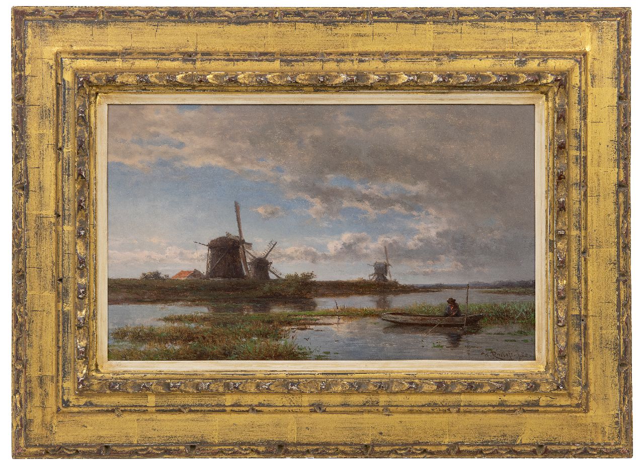 Roelofs W. | Willem Roelofs | Schilderijen te koop aangeboden | Polderlandschap met molens en een hengelaar, olieverf op paneel 24,3 x 40,4 cm, gesigneerd rechtsonder en gedateerd '56 Roelofs W. | Willem Roelofs | Schilderijen te koop aangeboden | Polderlandschap met molens en een hengelaar, olieverf op paneel 24,3 x 40,4 cm, gesigneerd rechtsonder en gedateerd '56