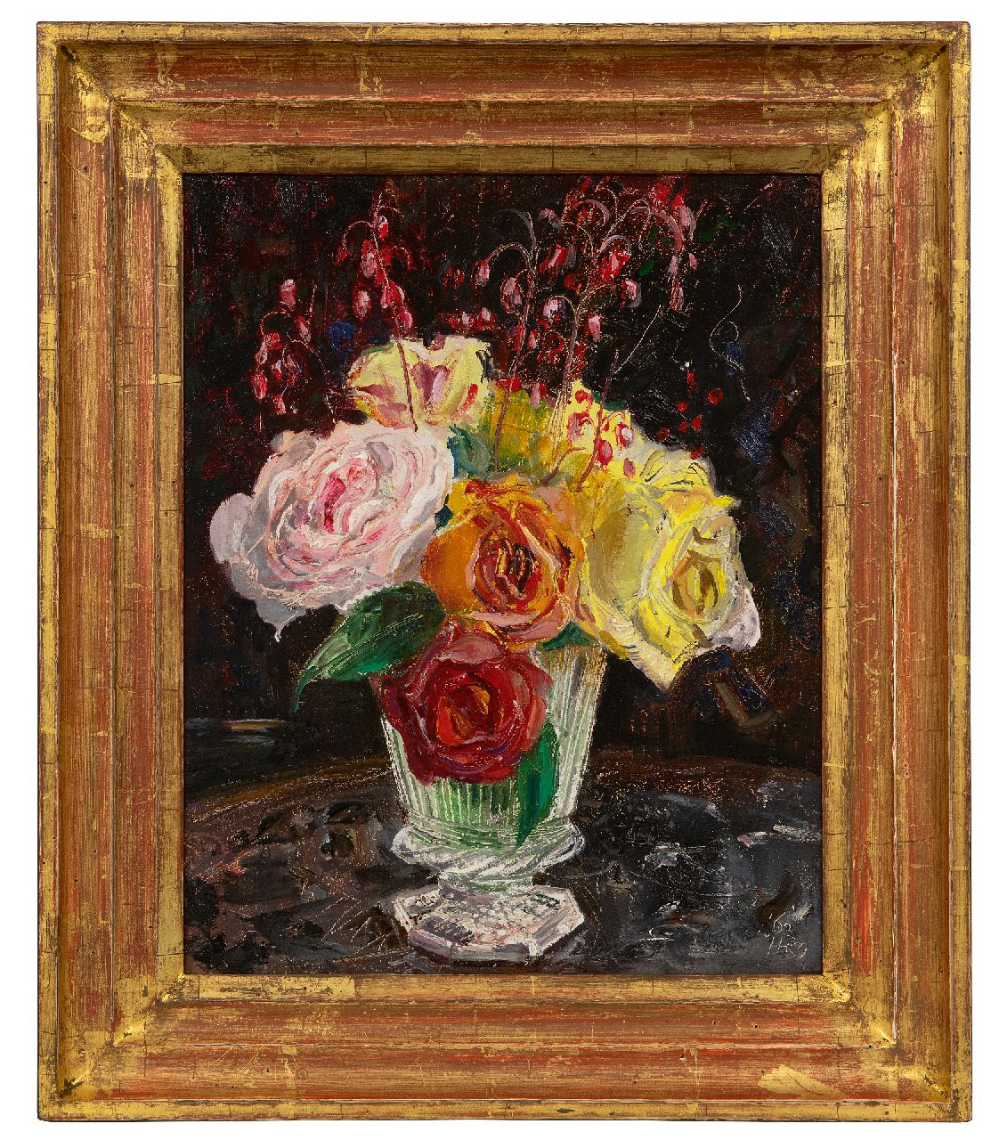 Kamerlingh Onnes H.H.  | 'Harm' Henrick Kamerlingh Onnes, Rozen in een glazen vaas, olieverf op board 30,6 x 24,6 cm, gesigneerd rechtsonder met monogram en gedateerd '62