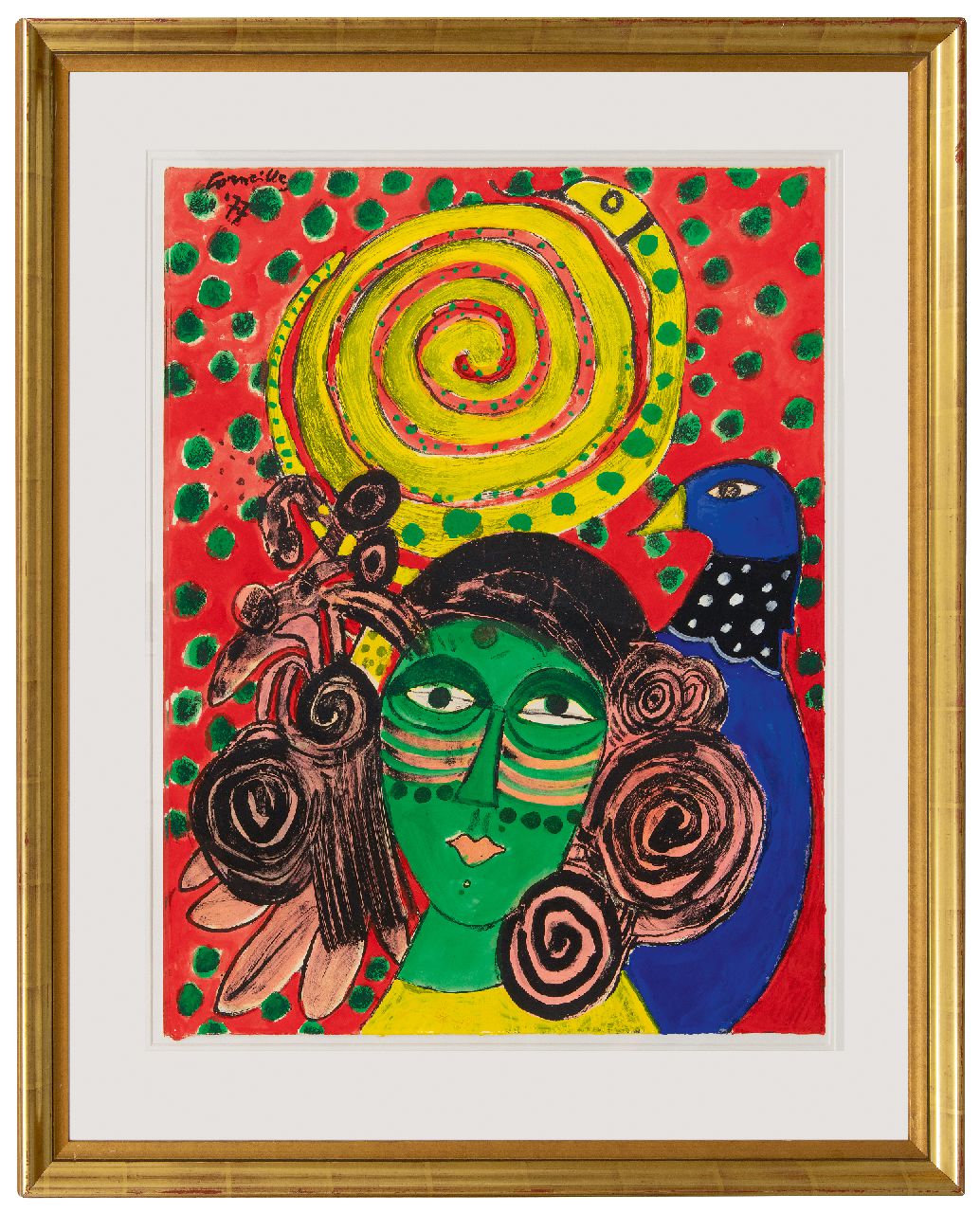 Corneille ('Corneille' Guillaume Beverloo) | Corneille ('Corneille' Guillaume Beverloo) | Aquarellen en tekeningen te koop aangeboden | Vrouw met vogel en slang, gouache op papier 66,1 x 51,8 cm, gesigneerd linksboven en gedateerd '77 Corneille ('Corneille' Guillaume Beverloo) | Corneille ('Corneille' Guillaume Beverloo) | Aquarellen en tekeningen te koop aangeboden | Vrouw met vogel en slang, gouache op papier 66,1 x 51,8 cm, gesigneerd linksboven en gedateerd '77