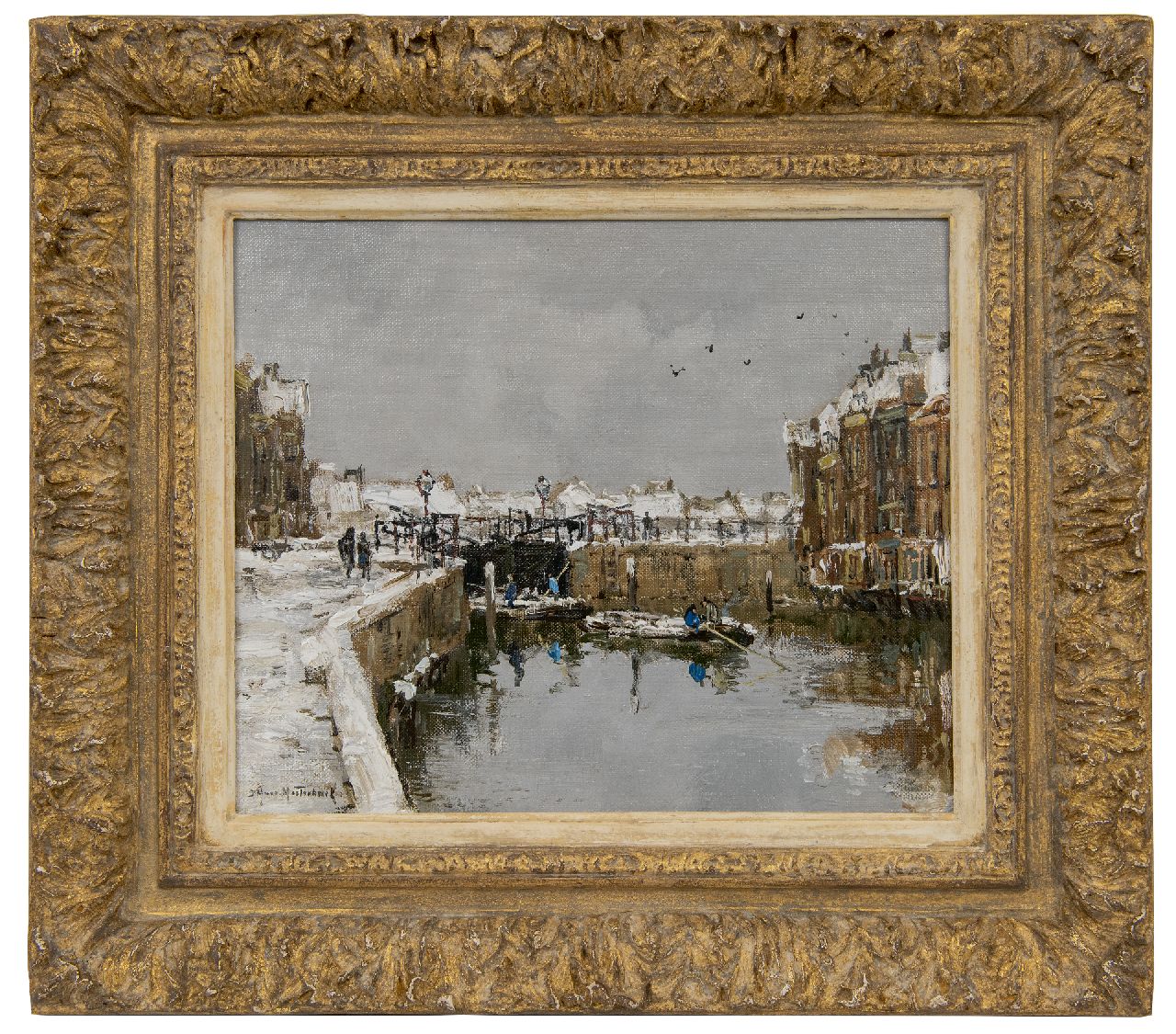 Mastenbroek J.H. van | Johan Hendrik van Mastenbroek, Sluisje bij winter, olieverf op doek op paneel 24,3 x 27,4 cm, gesigneerd linksonder Mastenbroek J.H. van | Johan Hendrik van Mastenbroek, Sluisje bij winter, olieverf op doek op paneel 24,3 x 27,4 cm, gesigneerd linksonder