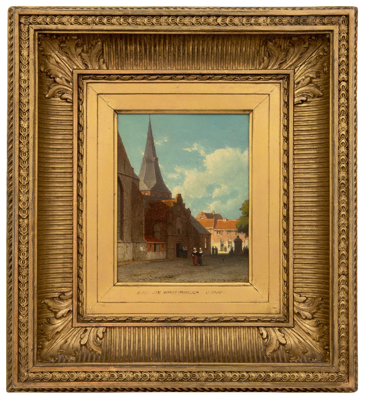 Weissenbruch J. | Johannes 'Jan' Weissenbruch | Schilderijen te koop aangeboden | Wandelende figuren in een zonnig stadje, olieverf op paneel 18,0 x 14,9 cm, gesigneerd rechtsonder Weissenbruch J. | Johannes 'Jan' Weissenbruch | Schilderijen te koop aangeboden | Wandelende figuren in een zonnig stadje, olieverf op paneel 18,0 x 14,9 cm, gesigneerd rechtsonder