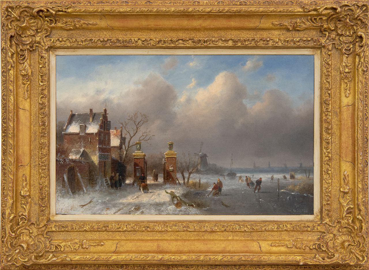 Leickert C.H.J.  | 'Charles' Henri Joseph Leickert, Schaatsvertier bij het tolhek bij Oegstgeest, beter bekend als het Leidsche Hek (uitsluitend met zomers pendant), olieverf op paneel 25,0 x 40,0 cm, gesigneerd rechtsonder