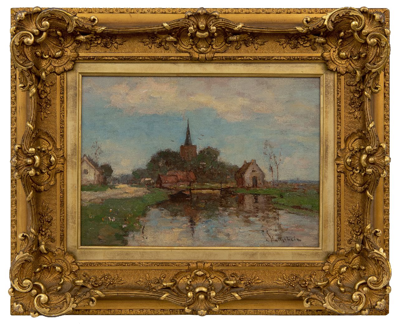 Stutterheim L.P.  | Lodewijk Philippus 'Louis' Stutterheim | Schilderijen te koop aangeboden | De kerk van Kortenhoef aan het water, olieverf op doek 25,4 x 35,5 cm, gesigneerd rechtsonder