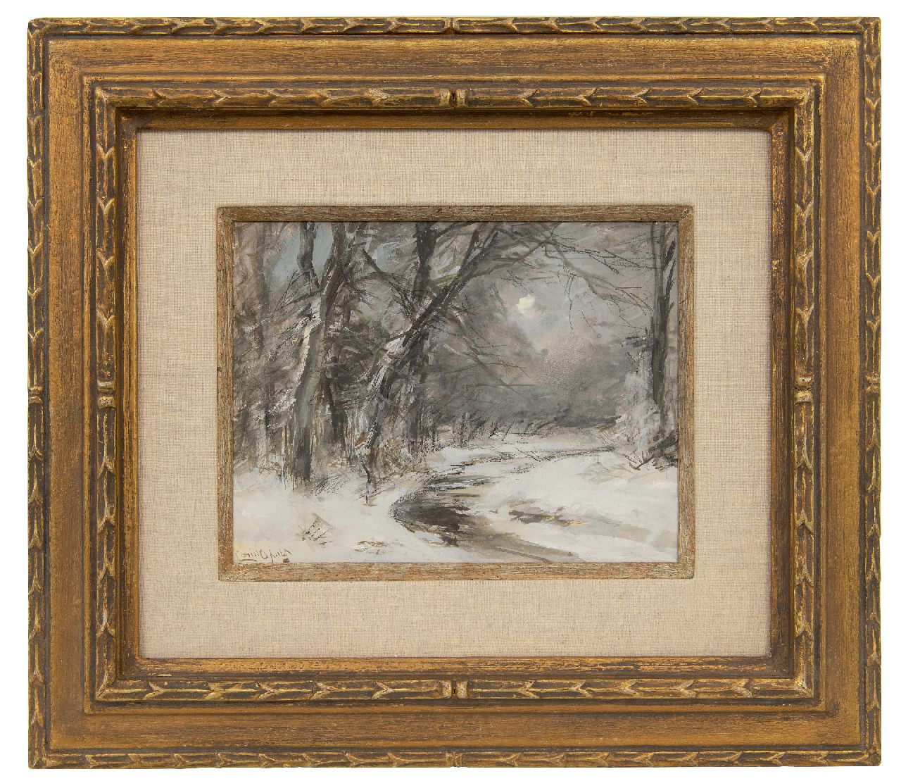 Apol L.F.H. | Lodewijk Franciscus Hendrik 'Louis' Apol, Besneeuwde vaart in het bos, gouache op papier 15,5 x 20,5 cm, gesigneerd linksonder Apol L.F.H. | Lodewijk Franciscus Hendrik 'Louis' Apol, Besneeuwde vaart in het bos, gouache op papier 15,5 x 20,5 cm, gesigneerd linksonder