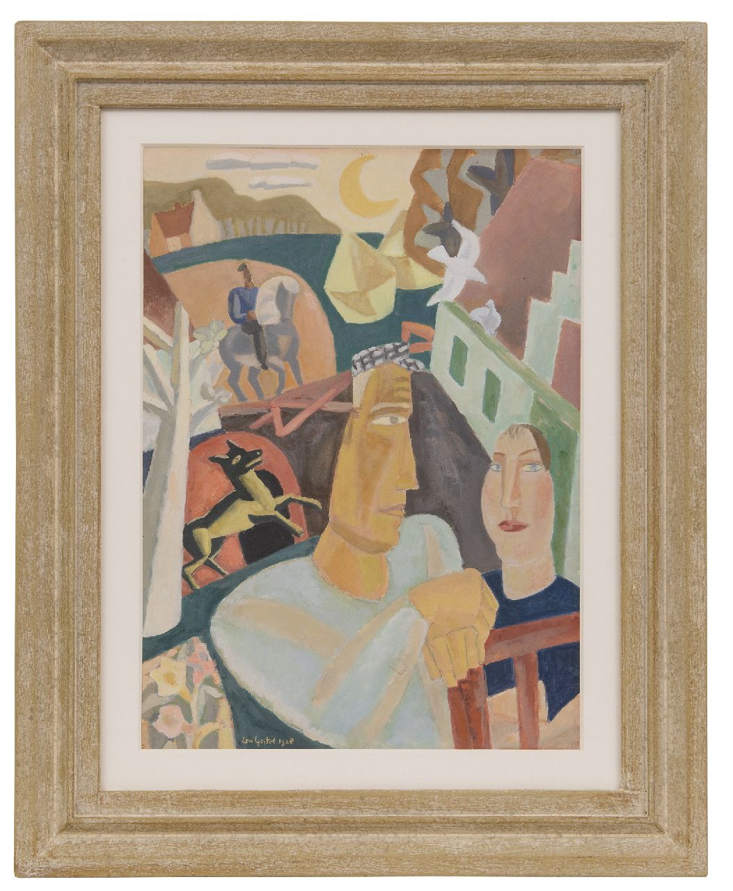 Gestel L. | Leendert 'Leo' Gestel, Man en vrouw met op de achtergrond een ruiter, gouache op papier 37,2 x 27,0 cm, gesigneerd linksonder en gedateerd 1928 Gestel L. | Leendert 'Leo' Gestel, Man en vrouw met op de achtergrond een ruiter, gouache op papier 37,2 x 27,0 cm, gesigneerd linksonder en gedateerd 1928