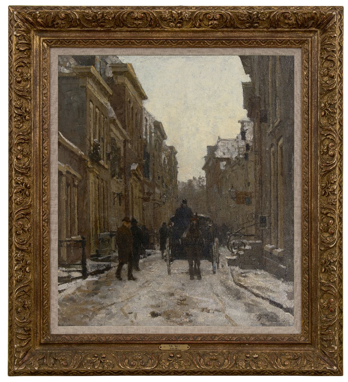 Tholen W.B.  | Willem Bastiaan Tholen, Koets in besneeuwde straat in Voorburg, olieverf op doek op paneel 64,1 x 56,3 cm, gesigneerd rechtsonder en te dateren ca. 1889