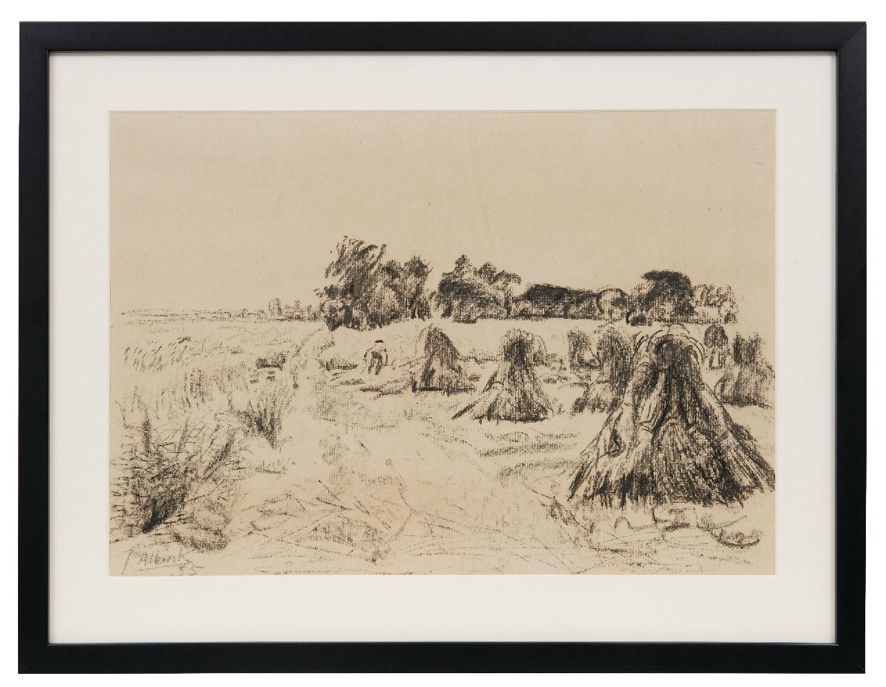 Altink J.  | Jan Altink, Oogstlandschap met korenschoven, krijt op papier 36,0 x 48,9 cm, gesigneerd linksonder en gedateerd '35, zonder lijst