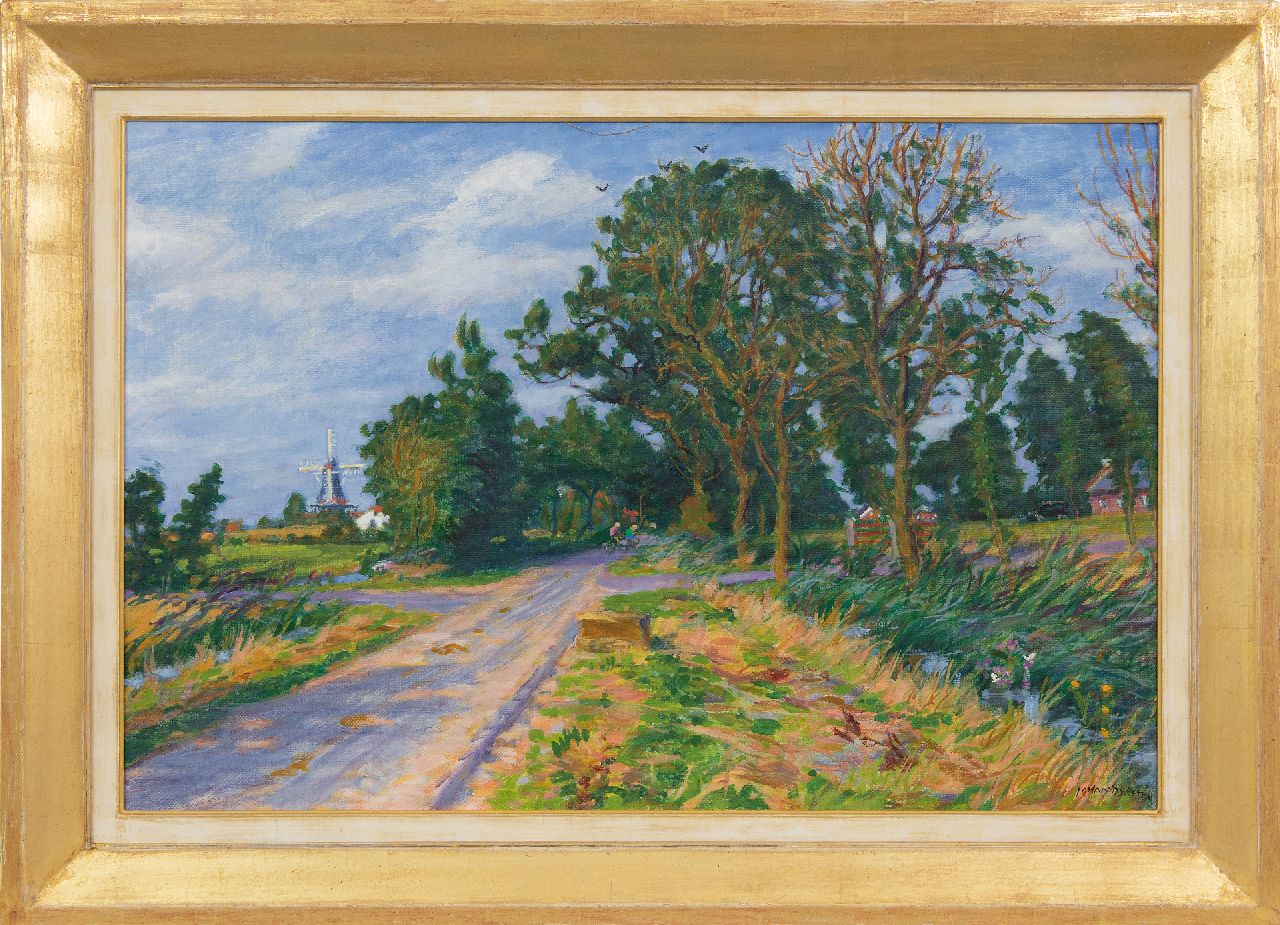 Dijkstra J. | Johannes 'Johan' Dijkstra | Schilderijen te koop aangeboden | Fietsers en een Fordje op landweg in Den Andel met de molen 'De Jonge Hendrik', olieverf op doek 60,4 x 90,2 cm, gesigneerd rechtsonder en te dateren eind jaren 40 Dijkstra J. | Johannes 'Johan' Dijkstra | Schilderijen te koop aangeboden | Fietsers en een Fordje op landweg in Den Andel met de molen 'De Jonge Hendrik', olieverf op doek 60,4 x 90,2 cm, gesigneerd rechtsonder en te dateren eind jaren 40