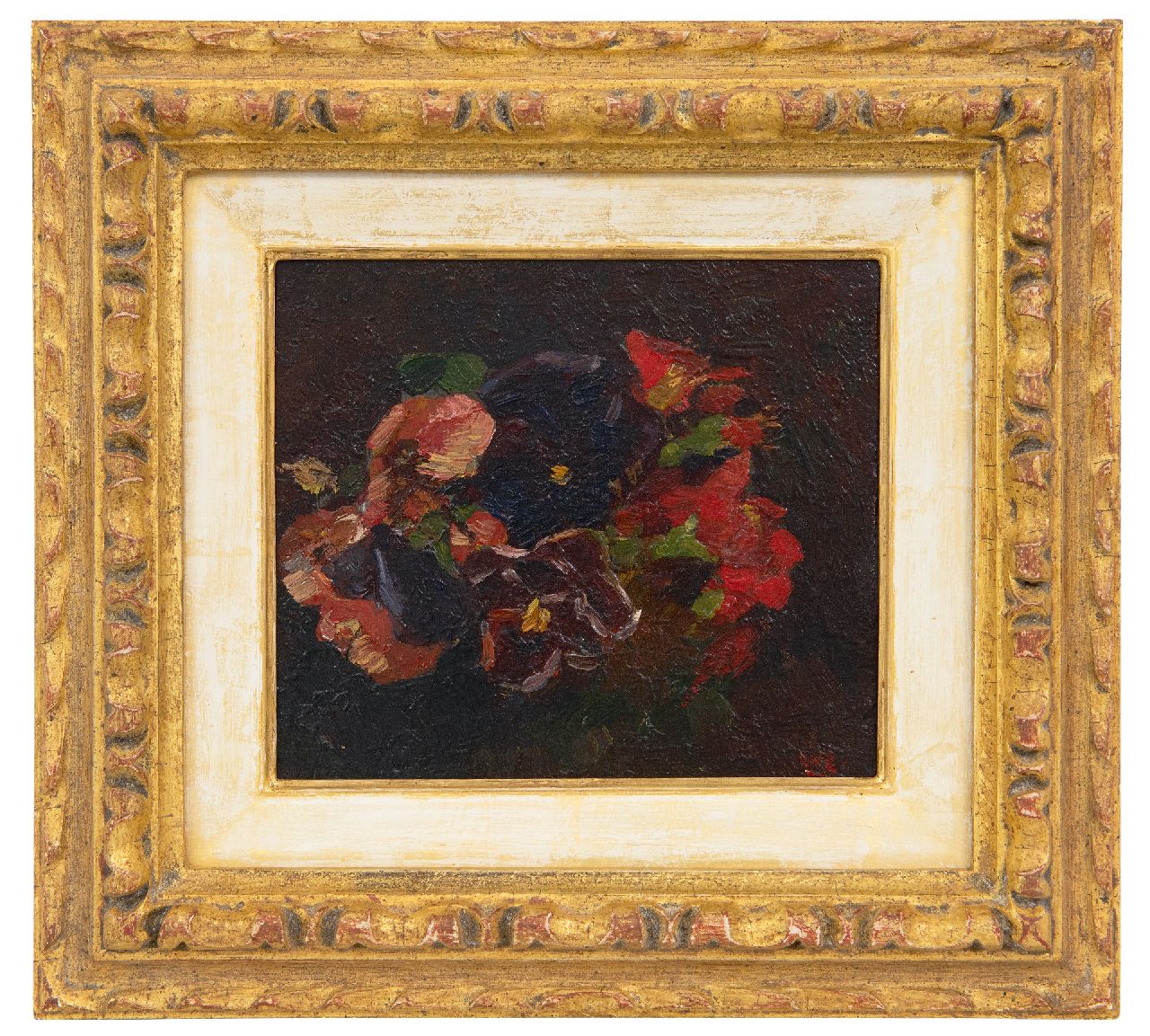 Zwart W.H.P.J. de | Wilhelmus Hendrikus Petrus Johannes 'Willem' de Zwart, Violen en rode Oost-Indische kers, olieverf op paneel 13,1 x 15,2 cm, gesigneerd rechtsonder met initialen