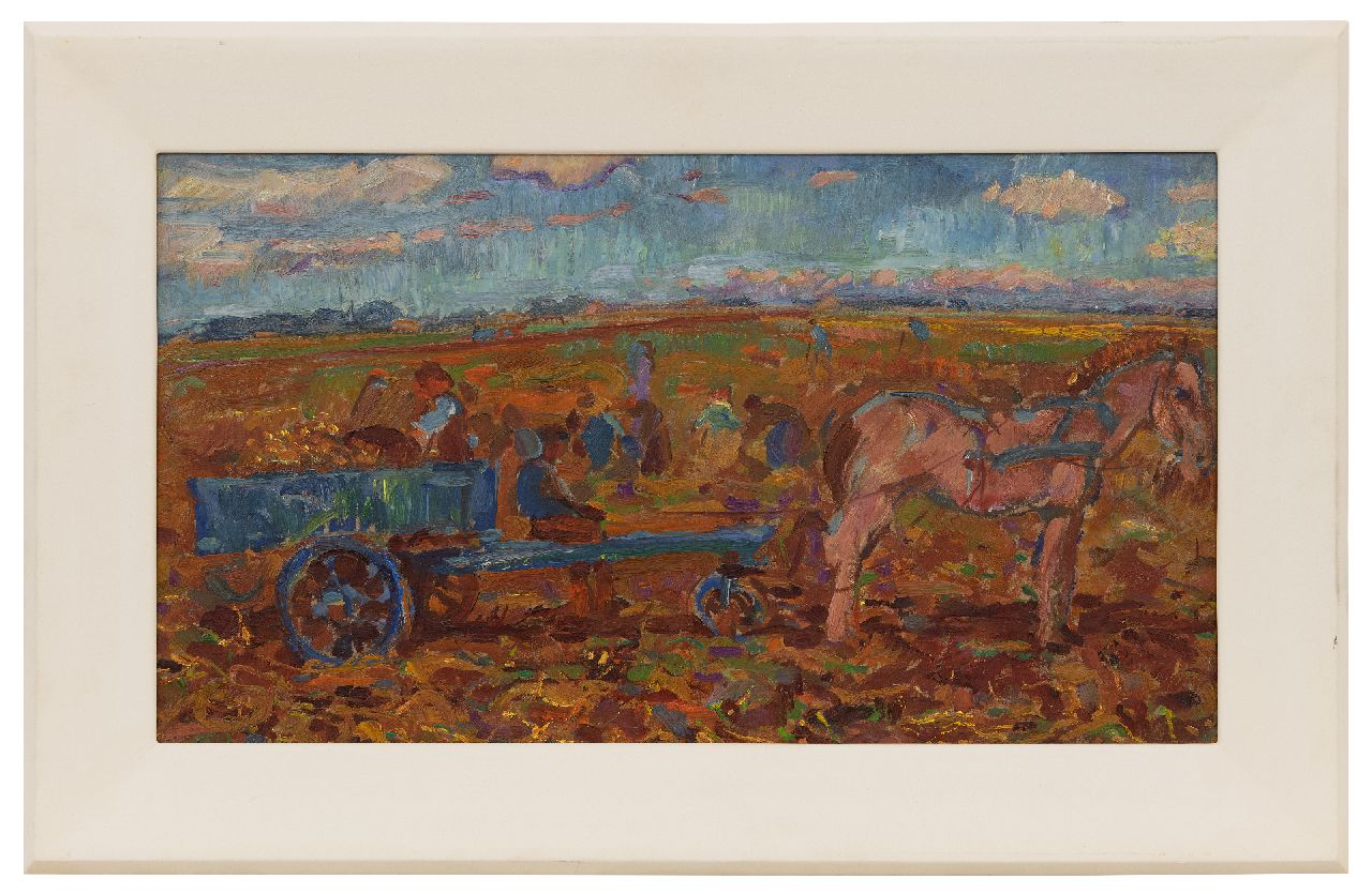 Dijkstra J. | Johannes 'Johan' Dijkstra | Schilderijen te koop aangeboden | Oogstende landarbeiders, olieverf op board op paneel 35,7 x 62,8 cm Dijkstra J. | Johannes 'Johan' Dijkstra | Schilderijen te koop aangeboden | Oogstende landarbeiders, olieverf op board op paneel 35,7 x 62,8 cm