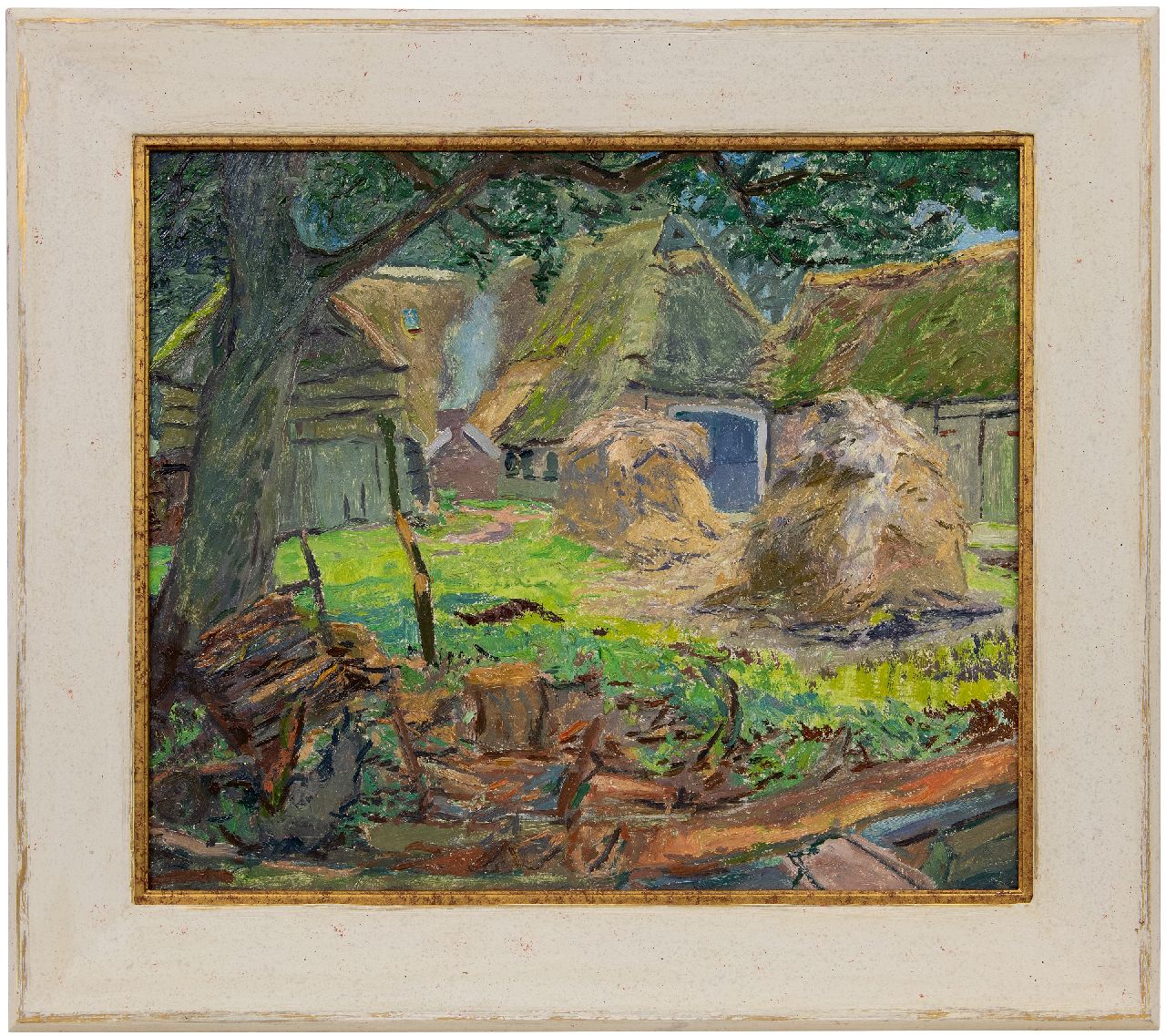 Vries J. de | Jannes de Vries, Boerenerf met hooischelven, olieverf op doek 60,4 x 70,8 cm, gesigneerd verso met monogram Vries J. de | Jannes de Vries, Boerenerf met hooischelven, olieverf op doek 60,4 x 70,8 cm, gesigneerd verso met monogram