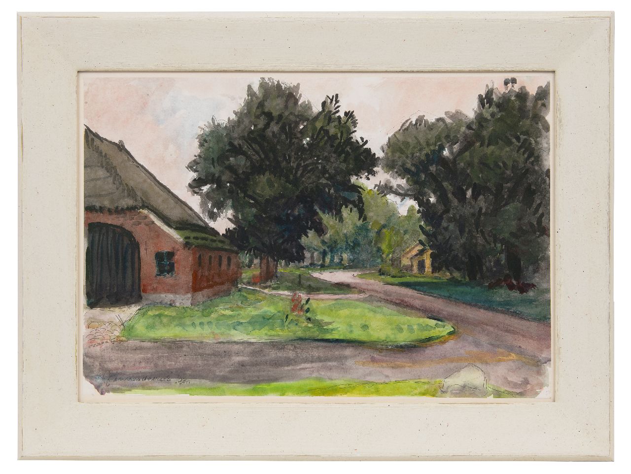Vries J. de | Jannes de Vries, Boerenerf in Drenthe, pen en inkt en aquarel op papier 41,6 x 60,1 cm, gesigneerd linksonder en gedateerd 1980 Vries J. de | Jannes de Vries, Boerenerf in Drenthe, pen en inkt en aquarel op papier 41,6 x 60,1 cm, gesigneerd linksonder en gedateerd 1980