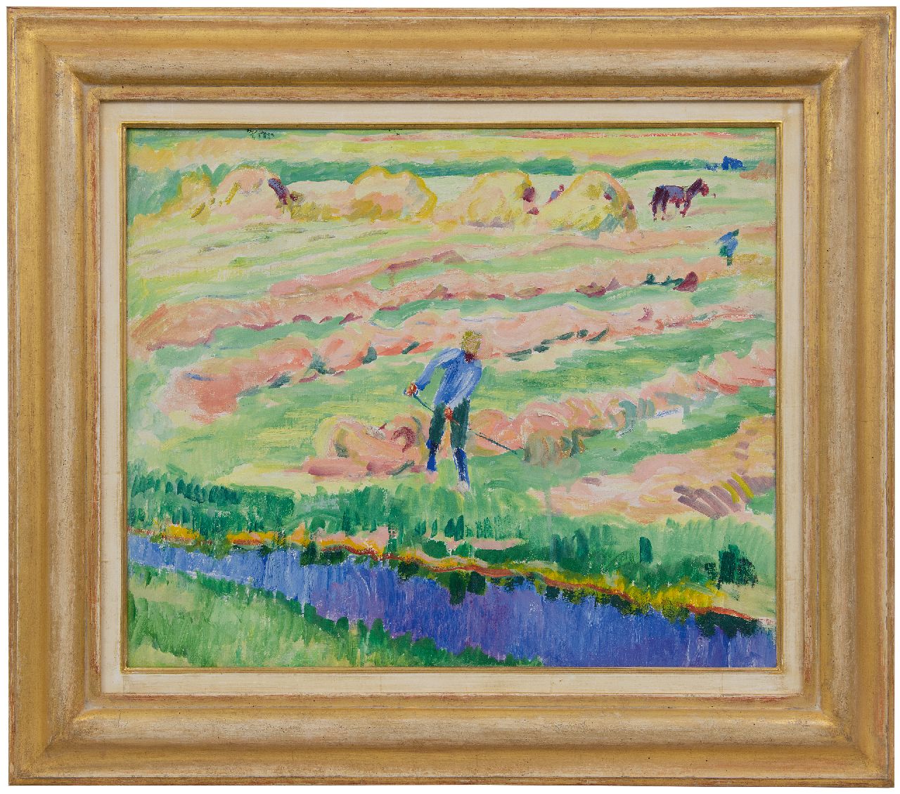 Altink J.  | Jan Altink | Schilderijen te koop aangeboden | Gronings landschap met hooiende boer, olieverf op doek 50,3 x 60,2 cm, te dateren ca. 1928