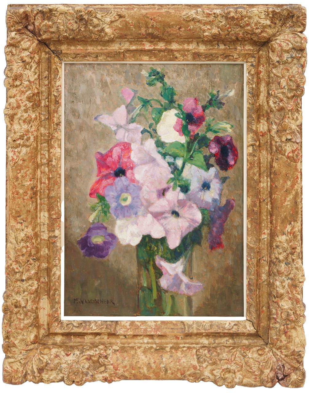 Wandscheer M.W.  | Maria Wilhelmina 'Marie' Wandscheer, Bloemstilleven met petunia's, olieverf op paneel 32,2 x 23,6 cm, gesigneerd linksonder