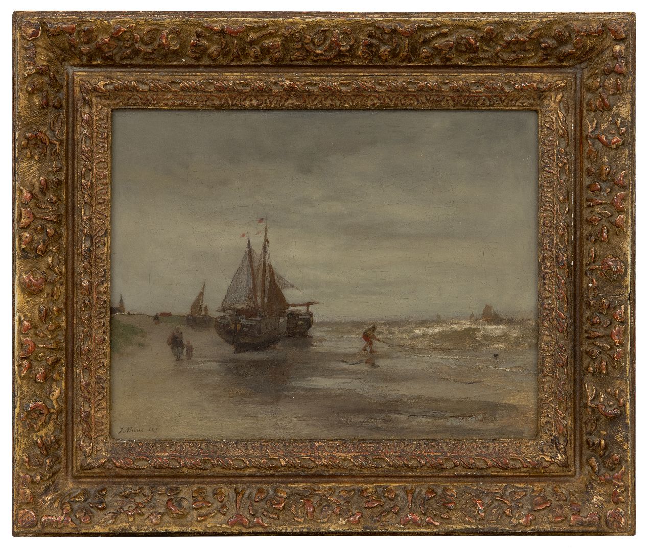 Maris J.H. | Jacobus Hendricus 'Jacob' Maris, Vissersboten in de branding bij Scheveningen, olieverf op doek 23,4 x 30,4 cm, gesigneerd linksonder en gedateerd 1870 Maris J.H. | Jacobus Hendricus 'Jacob' Maris, Vissersboten in de branding bij Scheveningen, olieverf op doek 23,4 x 30,4 cm, gesigneerd linksonder en gedateerd 1870