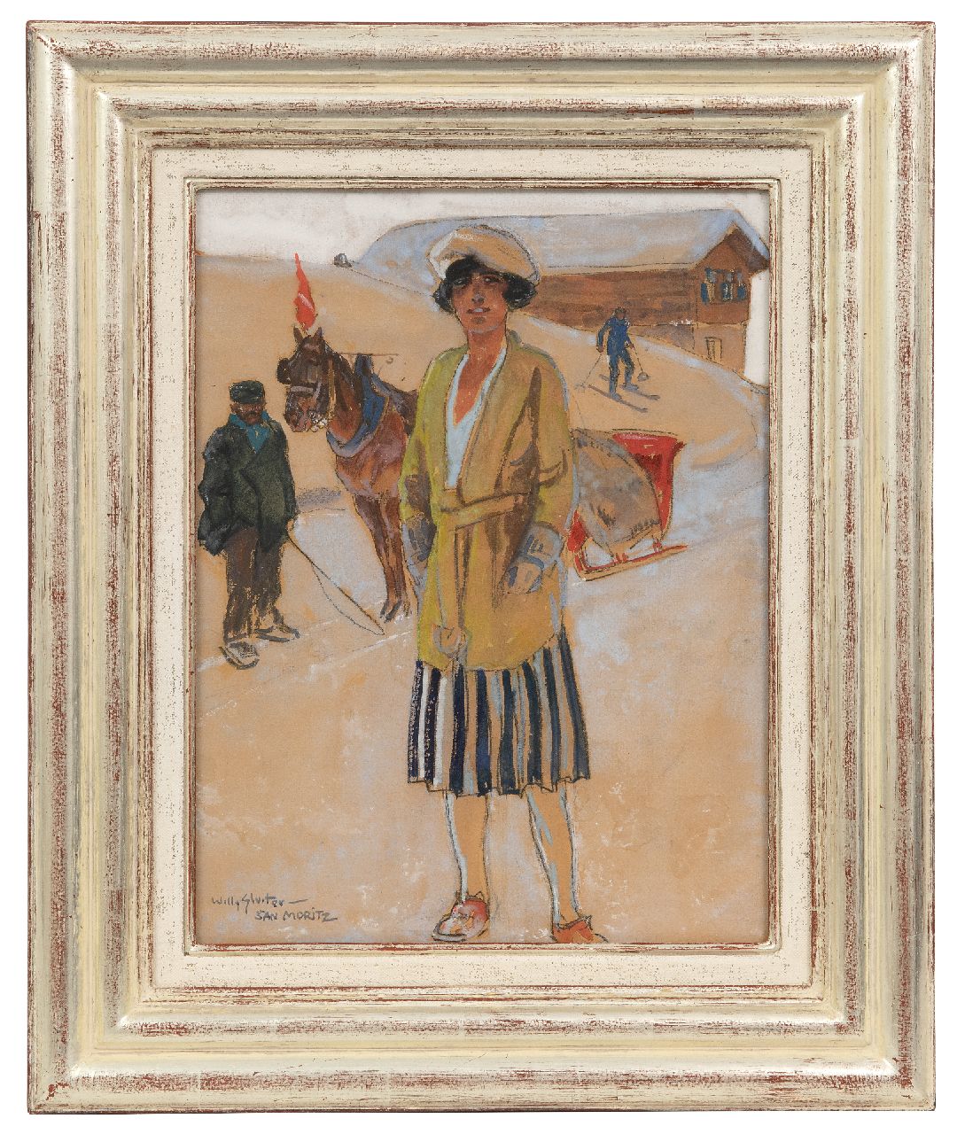 Sluiter J.W. | Jan Willem 'Willy' Sluiter, Wintersport in St. Moritz, zwart krijt en aquarel op papier 31,2 x 25,1 cm, gesigneerd linksonder en verso gedateerd 1928 Sluiter J.W. | Jan Willem 'Willy' Sluiter, Wintersport in St. Moritz, zwart krijt en aquarel op papier 31,2 x 25,1 cm, gesigneerd linksonder en verso gedateerd 1928
