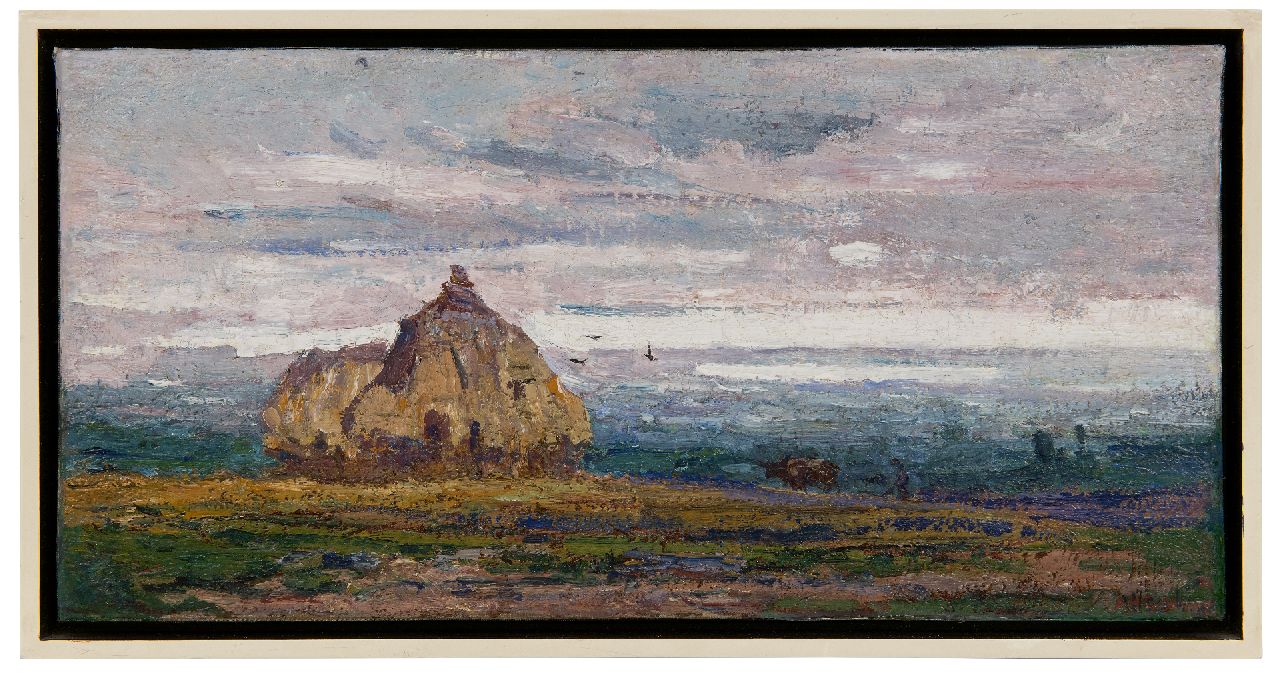 Gouwe A.H. | Adriaan Herman Gouwe, Panoramisch landschap met hooiruiters, olieverf op doek 22,3 x 45,5 cm, gesigneerd rechtsonder en gedateerd '14 Gouwe A.H. | Adriaan Herman Gouwe, Panoramisch landschap met hooiruiters, olieverf op doek 22,3 x 45,5 cm, gesigneerd rechtsonder en gedateerd '14