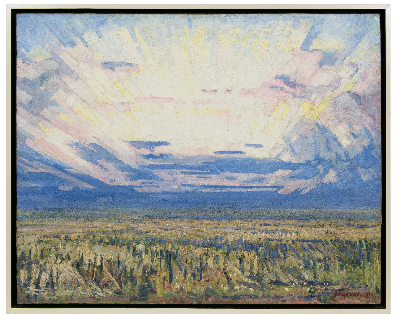 Gouwe A.H. | Adriaan Herman Gouwe, Landschap bij zonsopgang, olieverf op doek 79,8 x 99,5 cm, gesigneerd rechtsonder en gedateerd 1914 Gouwe A.H. | Adriaan Herman Gouwe, Landschap bij zonsopgang, olieverf op doek 79,8 x 99,5 cm, gesigneerd rechtsonder en gedateerd 1914