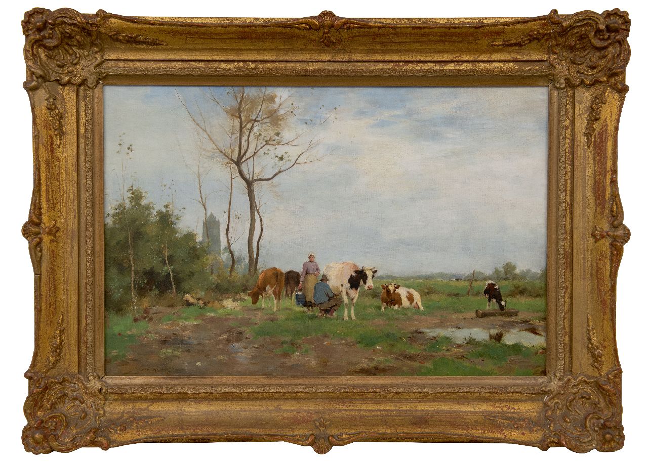 Groenewegen A.J.  | Adrianus Johannes Groenewegen | Schilderijen te koop aangeboden | Melktijd bij Oirschot, olieverf op doek 40,7 x 60,7 cm, gesigneerd linksonder