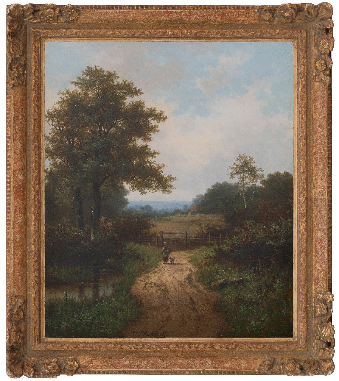 Koekkoek P.H.  | Pieter Hendrik 'H.P.' Koekkoek, Boerin en hond op beboste landweg, olieverf op doek 61,0 x 50,7 cm, gesigneerd middenonder
