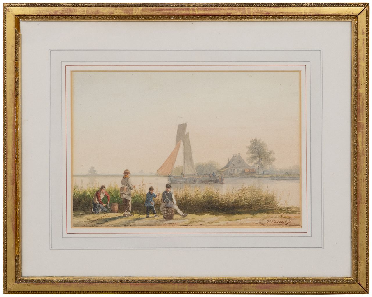 Koekkoek jr. H. | Hermanus Koekkoek jr., Vissende kinderen langs een rivieroever, aquarel op papier 22,2 x 32,3 cm, gesigneerd rechtsonder Koekkoek jr. H. | Hermanus Koekkoek jr., Vissende kinderen langs een rivieroever, aquarel op papier 22,2 x 32,3 cm, gesigneerd rechtsonder