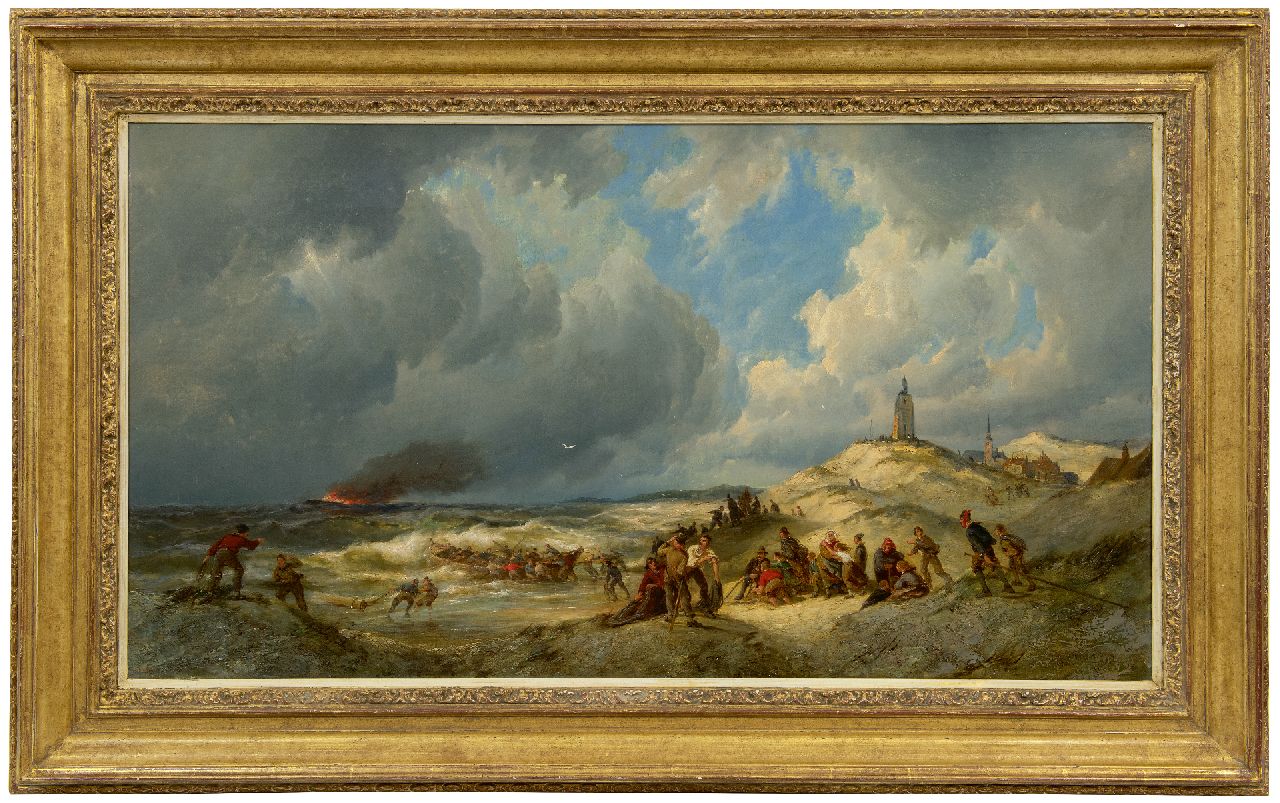 Dommershuijzen P.C.  | Pieter Cornelis Dommershuijzen, Schipbreuk van de Engelse bark P. Nicolas - alias De Olieman - voor de kust bij Zandvoort, olieverf op doek 57,0 x 102,0 cm, gesigneerd rechtsonder en gedateerd 1881
