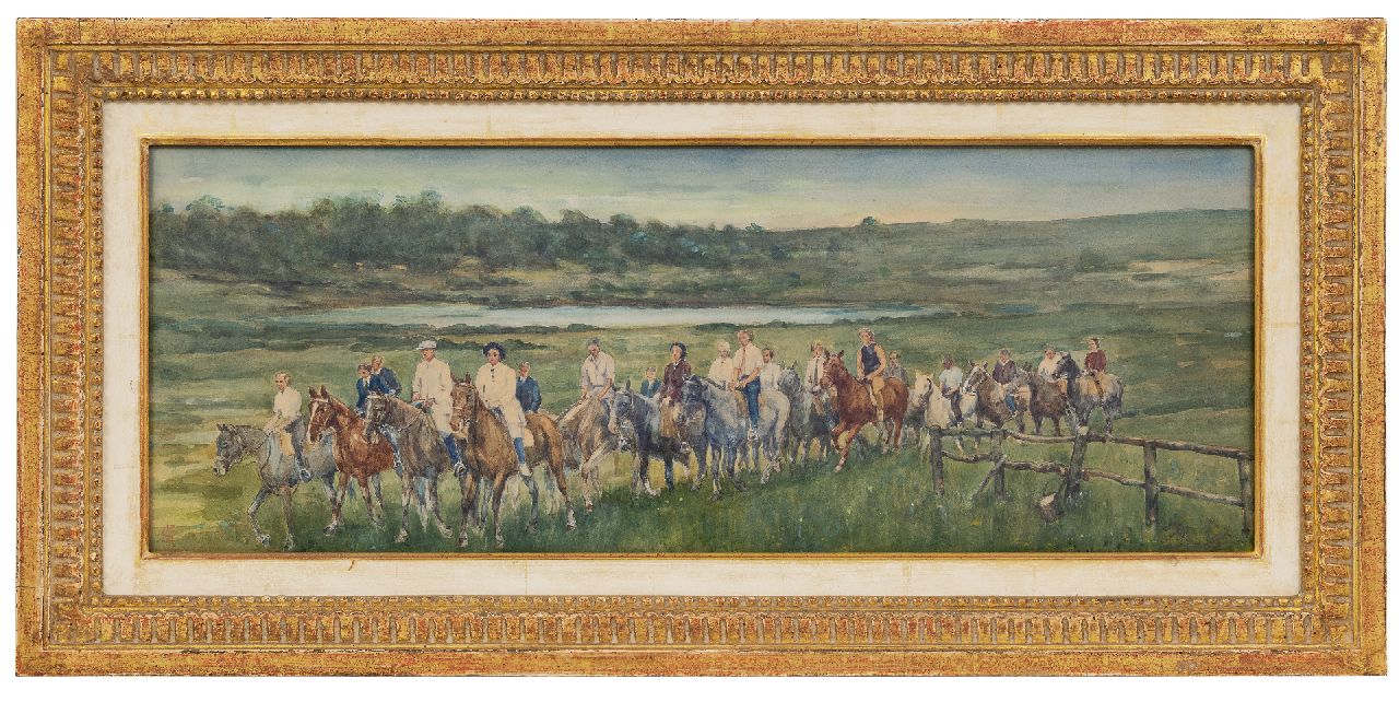 Jonge J.A. de | Johan Antoni de Jonge, Ruiters in de duinen, aquarel op papier 24,0 x 65,1 cm, gesigneerd linksonder met monogram Jonge J.A. de | Johan Antoni de Jonge, Ruiters in de duinen, aquarel op papier 24,0 x 65,1 cm, gesigneerd linksonder met monogram